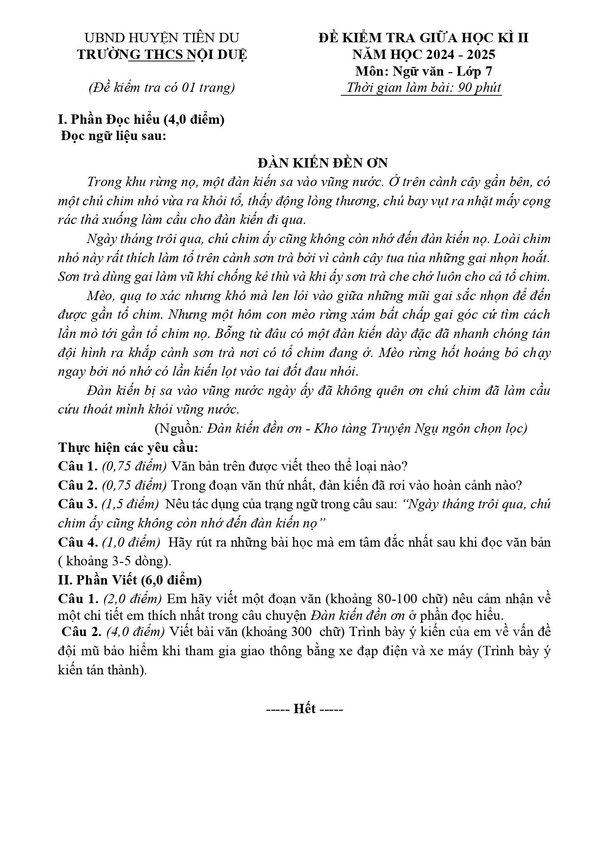Đề thi Giữa kì 2 Ngữ văn 7 năm 2024 - 2025 trường THCS Nội Duệ (Bắc Ninh)