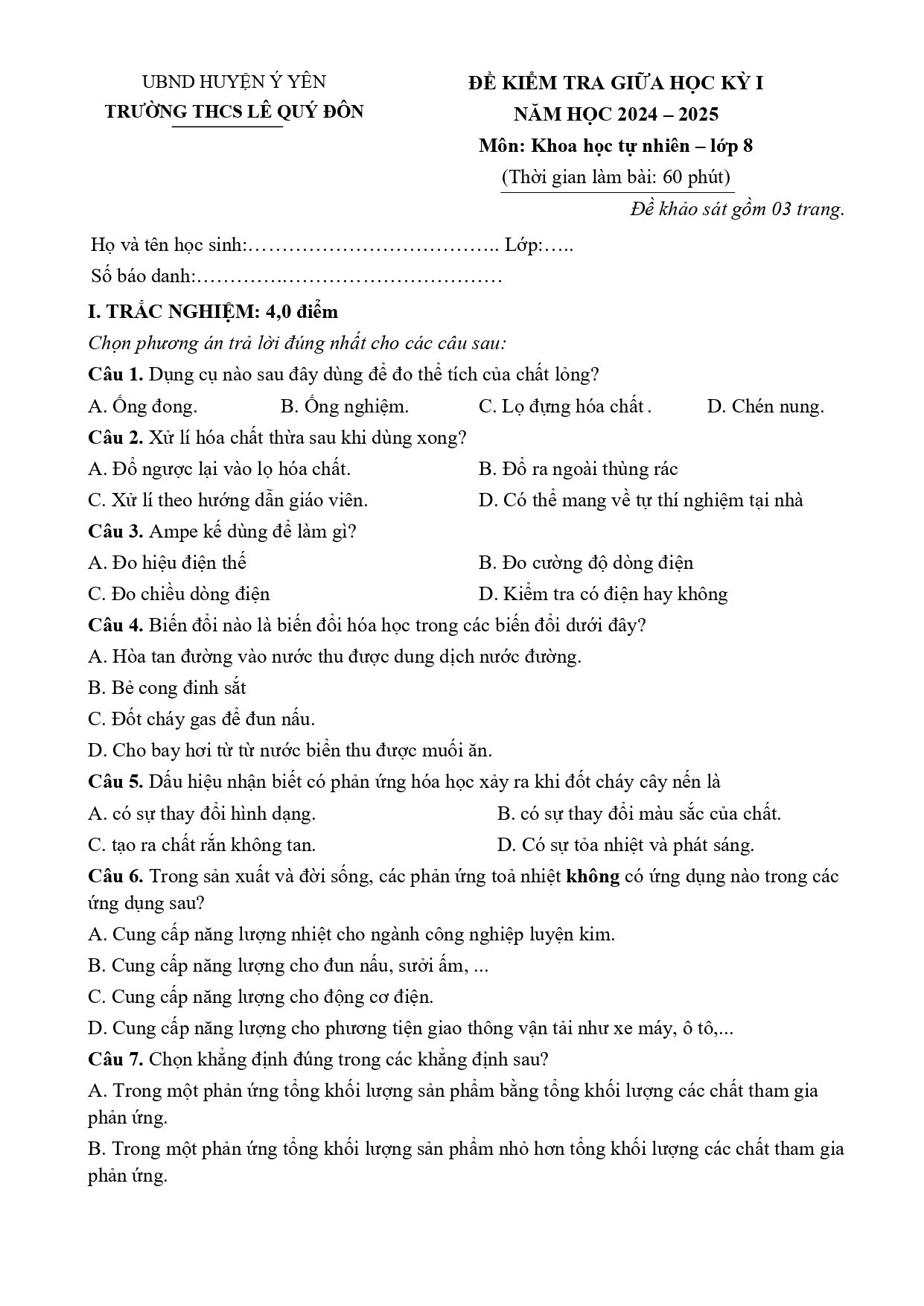 Đề thi Giữa kì 1 KHTN 8 năm 2024 - 2025 trường THCS Lê Quý Đôn (Nam Định)