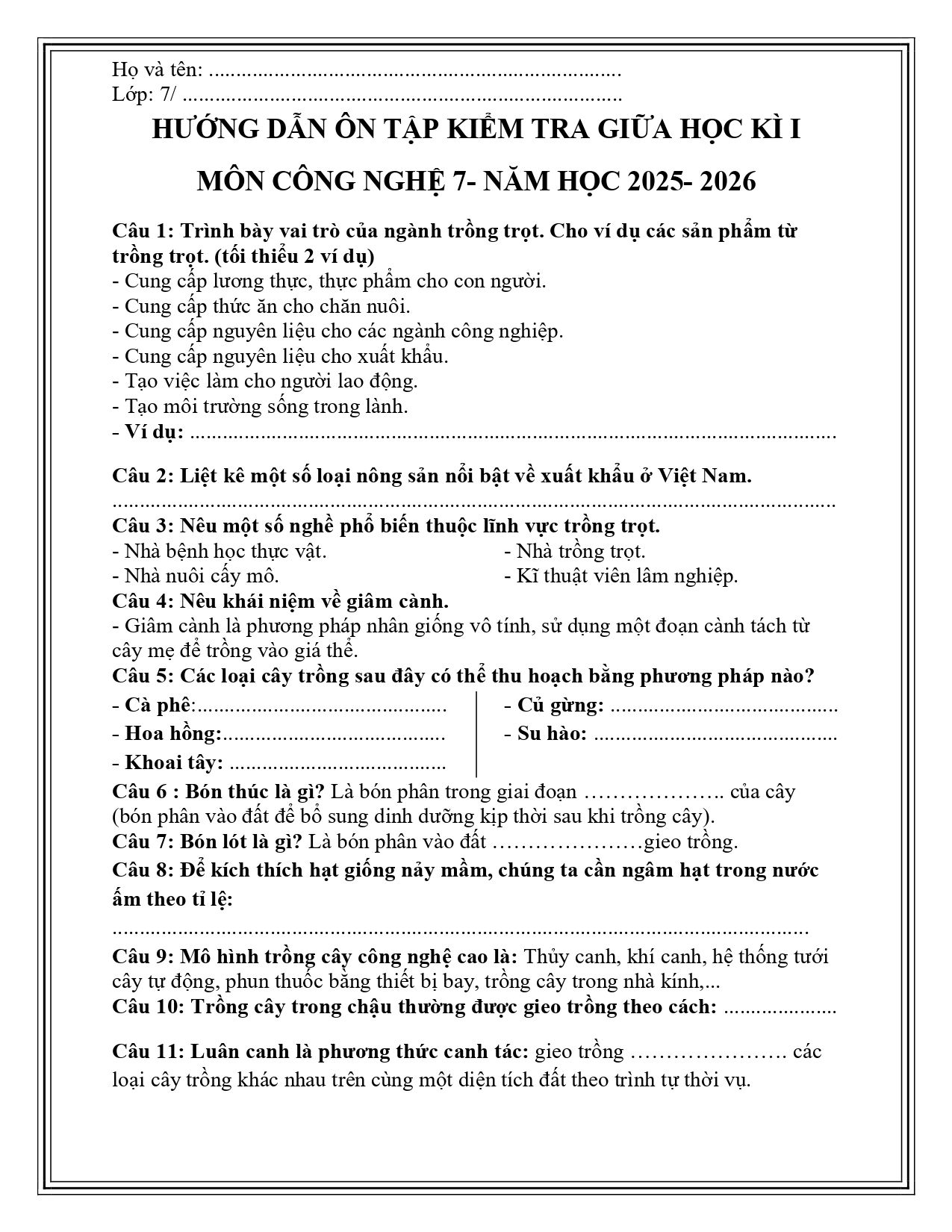 Đề cương ôn tập Giữa kì 1 Công nghệ 7 năm 2025–2026 trường THCS Lê Anh Xuân (TP Hồ Chí Minh)