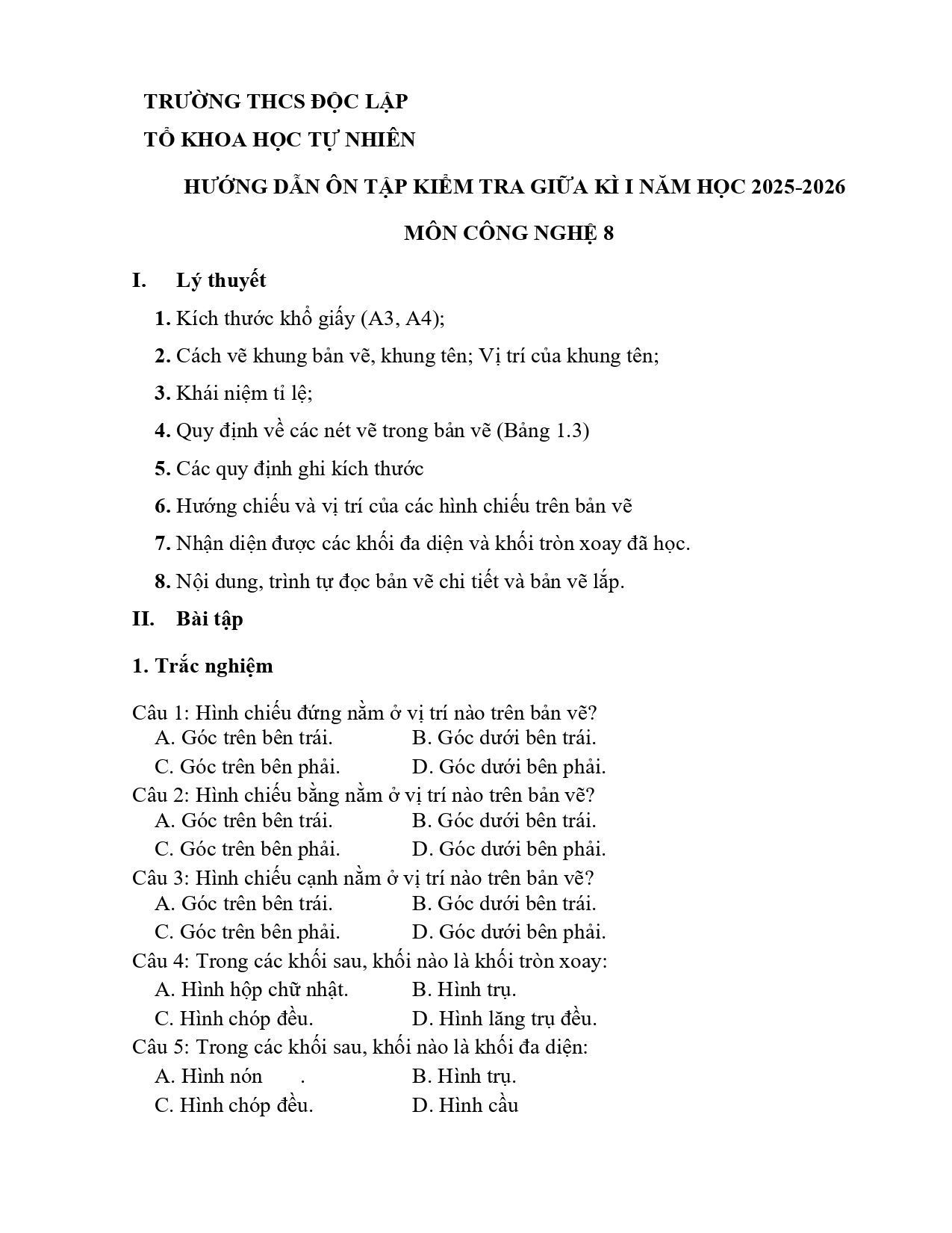 Đề cương ôn tập Giữa kì 1 Công nghệ 8 năm 2025–2026 trường THCS Độc Lập (Thái Nguyên)