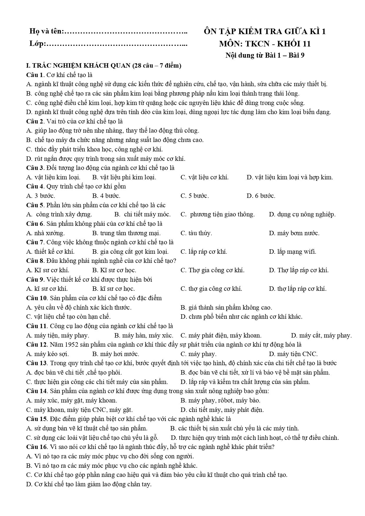 Đề cương ôn tập Giữa kì 1 Công nghệ Công nghiệp 11 năm 2025–2026 trường THPT Đức Trọng (Lâm Đồng)