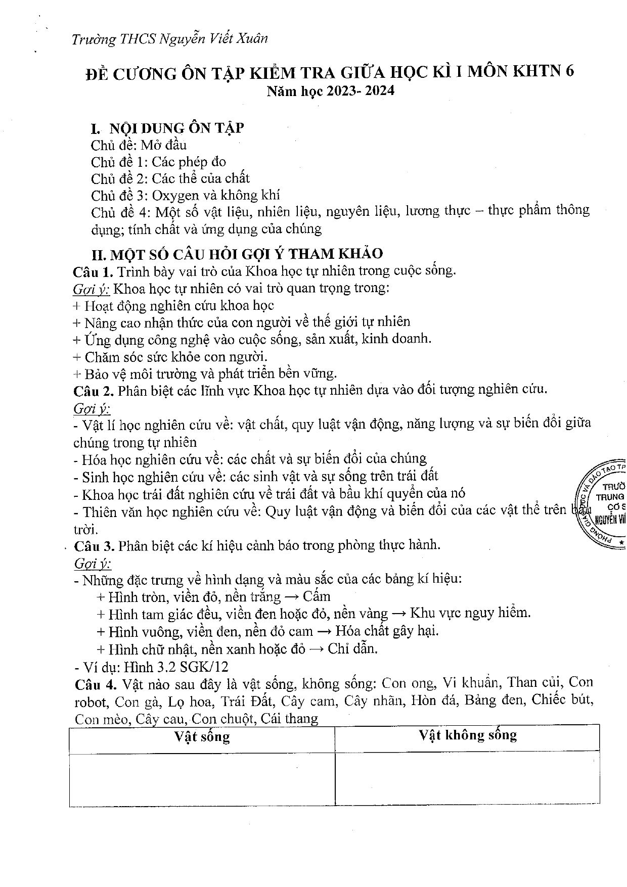 Đề cương ôn tập Giữa kì 1 KHTN 6 năm 2023–2024 trường THCS Nguyễn Viết Xuân (Bình Dương)