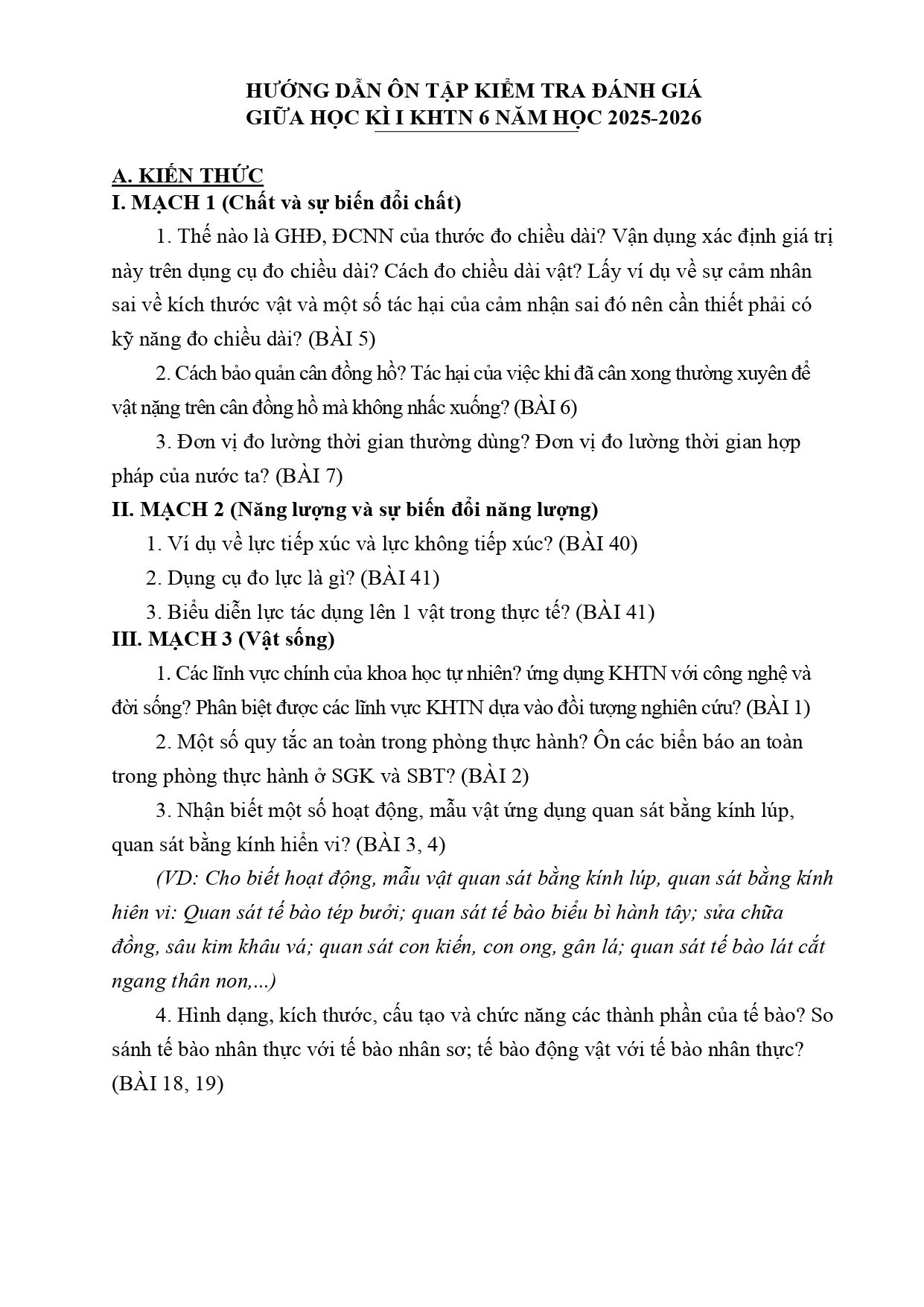 Đề cương ôn tập Giữa kì 1 KHTN 6 năm 2025–2026 trường THCS Phúc Xuân (Thái Nguyên)