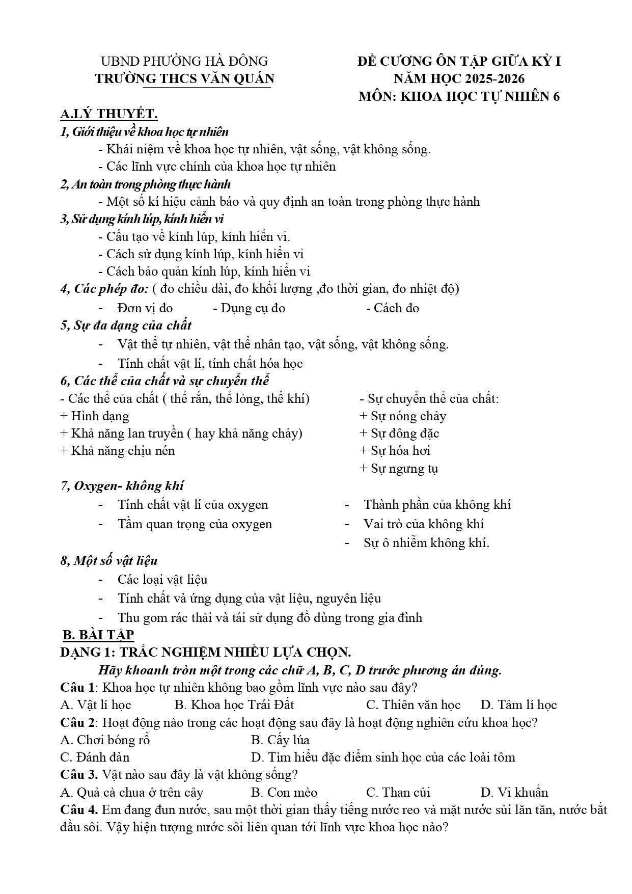 Đề cương ôn tập Giữa kì 1 KHTN 6 năm 2025–2026 trường THCS Văn Quán (Hà Nội)
