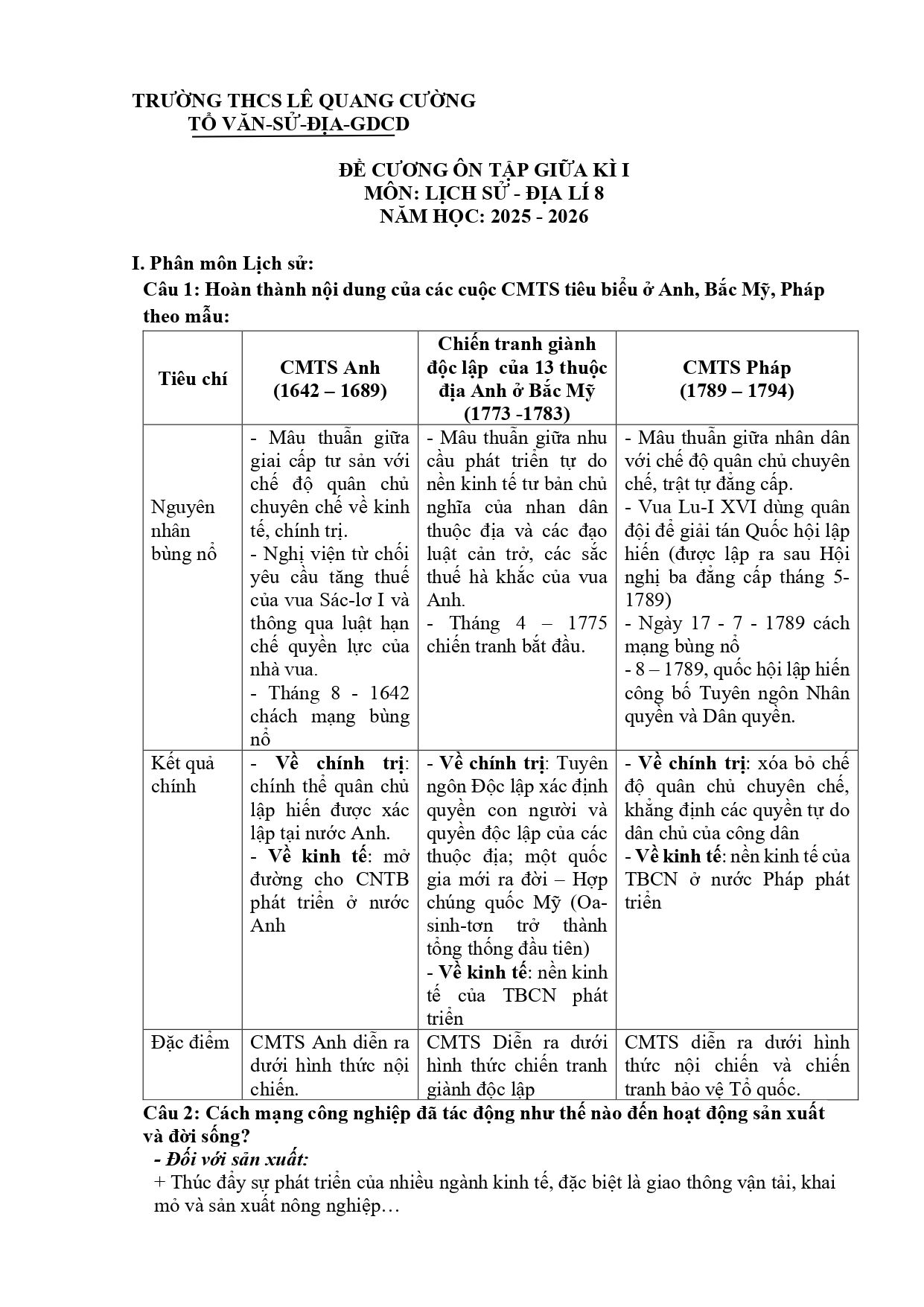 Đề cương ôn tập Giữa kì 1 Lịch sử và Địa lí 8 năm 2025–2026 trường THCS Lê Quang Cường (Bà Rịa - Vũng Tàu)