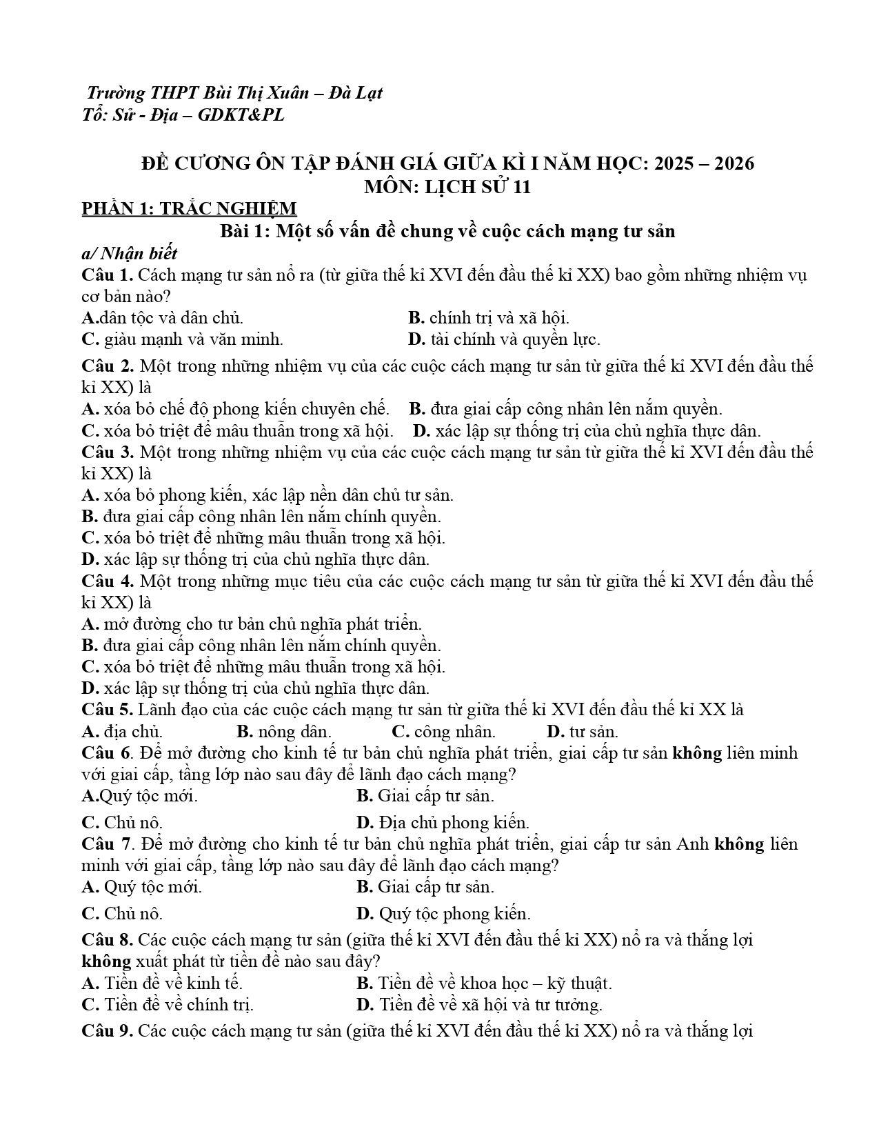 Đề cương ôn tập Giữa kì 1 Lịch sử 11 năm 2025–2026 trường THPT Bùi Thị Xuân (Lâm Đồng)