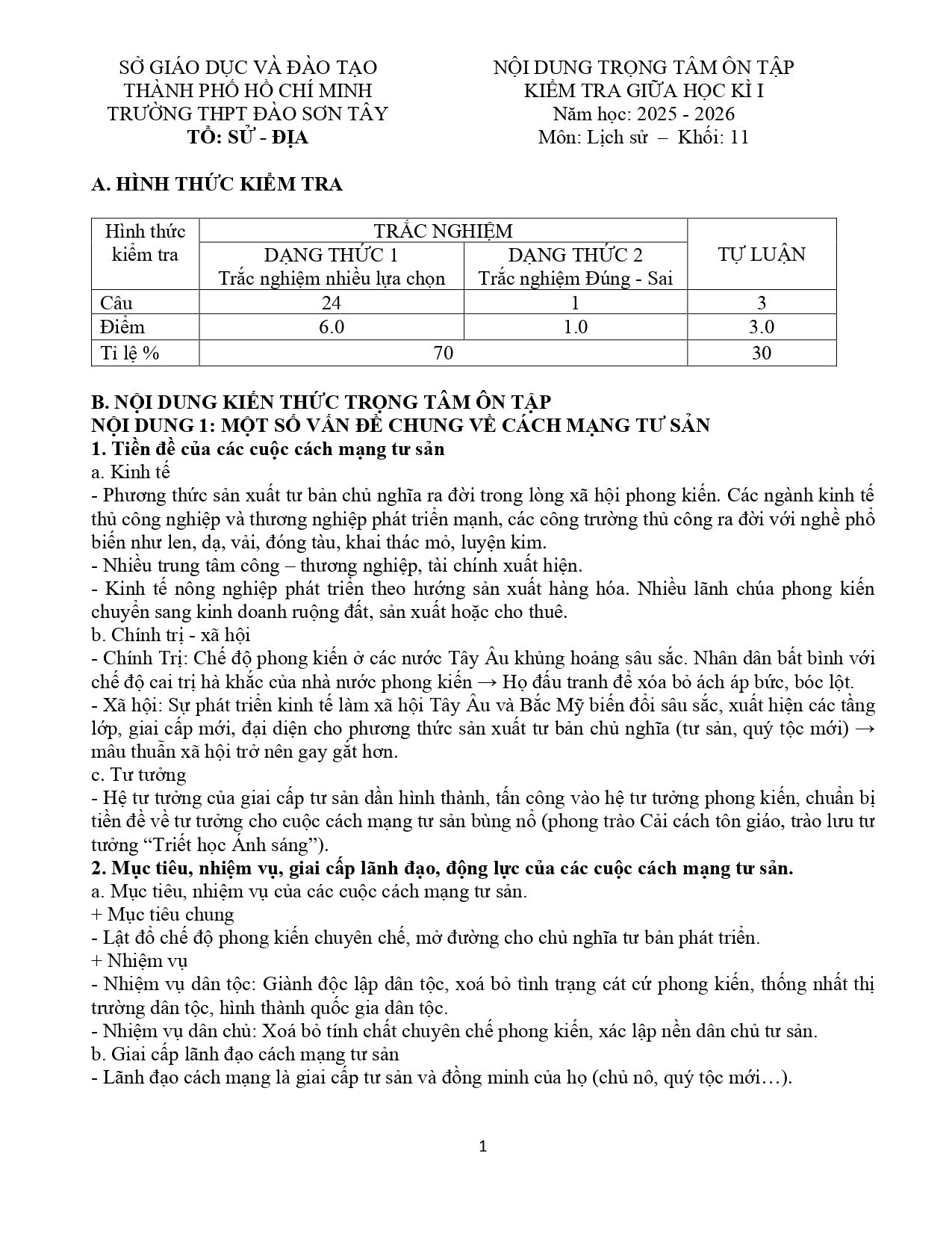 Đề cương ôn tập Giữa kì 1 Lịch sử 11 năm 2025–2026 trường THPT Đào Sơn Tây (TP Hồ Chí Minh)