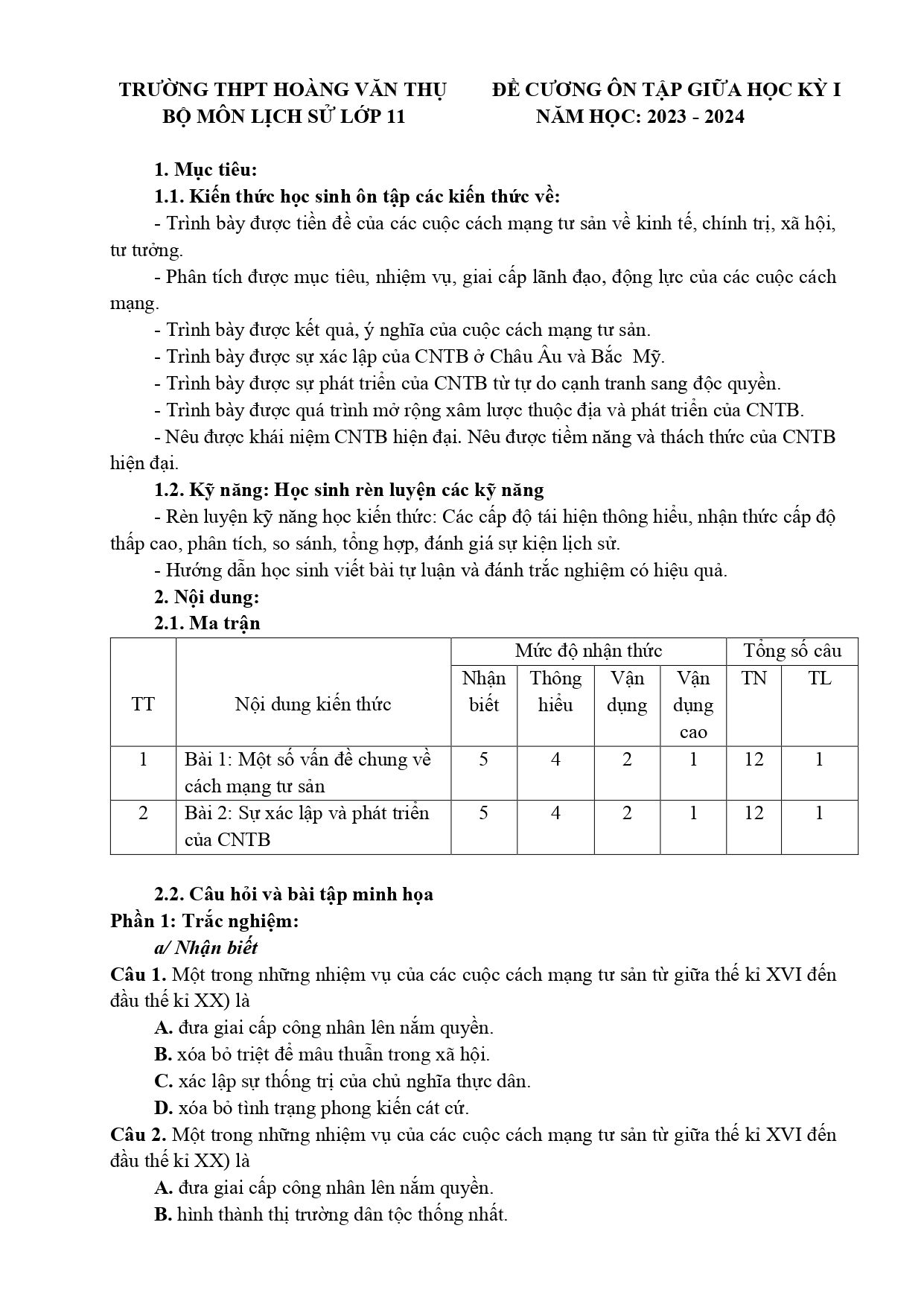 Đề cương ôn tập Giữa kì 1 Lịch sử 11 năm 2023–2024 trường THPT Hoàng Văn Thụ (Hà Nội)