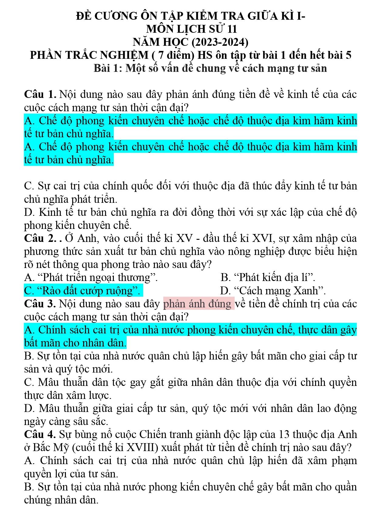 Đề cương ôn tập Giữa kì 1 Lịch sử 11 năm 2023–2024 trường THPT Phạm Phú Thứ (Đà Nẵng)