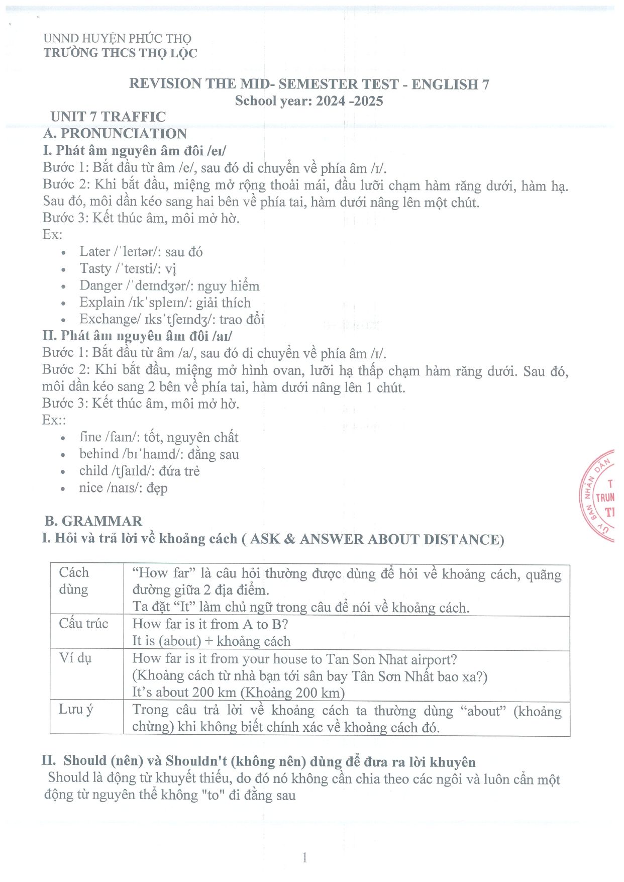 Đề cương ôn tập Giữa kì 2 Tiếng Anh 7 năm 2024–2025 trường THCS Thọ Lộc (Hà Nội)