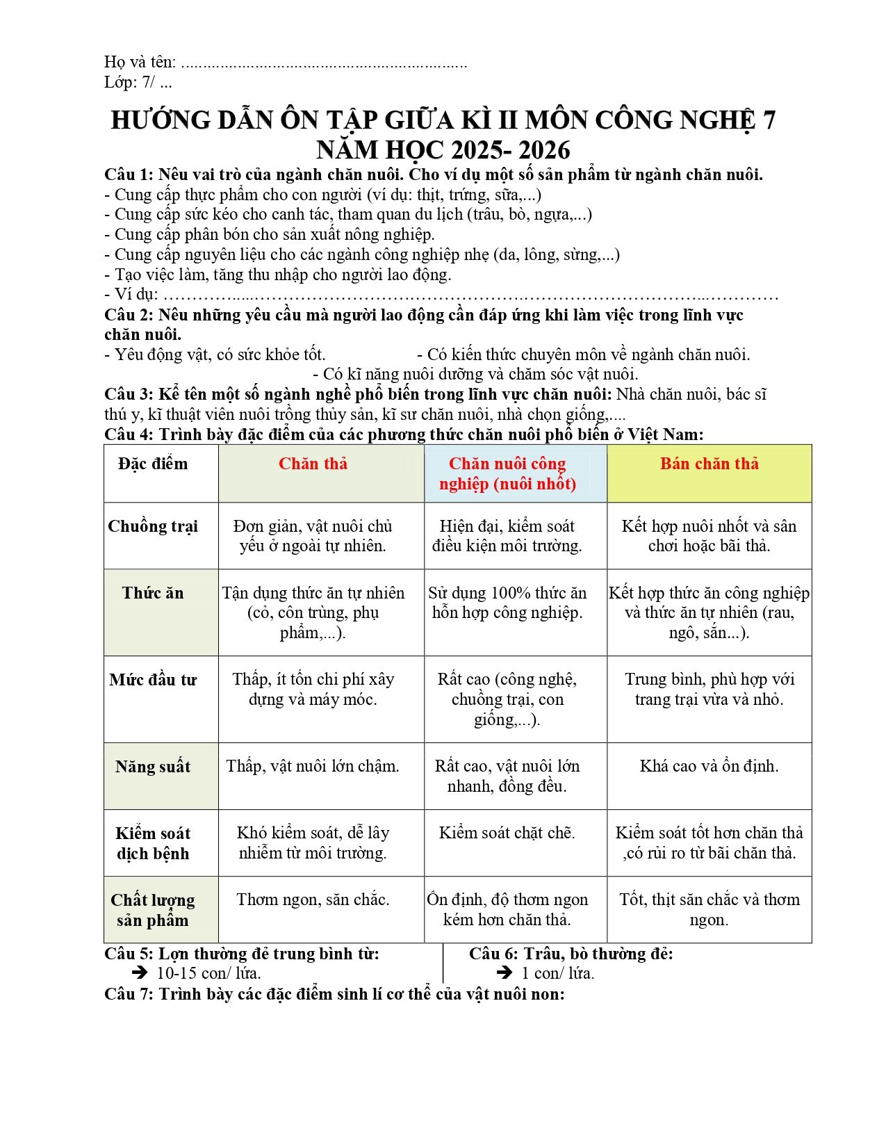 Đề cương ôn tập Giữa kì 2 Công nghệ 7 năm 2025–2026 trường THCS Lê Anh Xuân (TP Hồ Chí Minh)