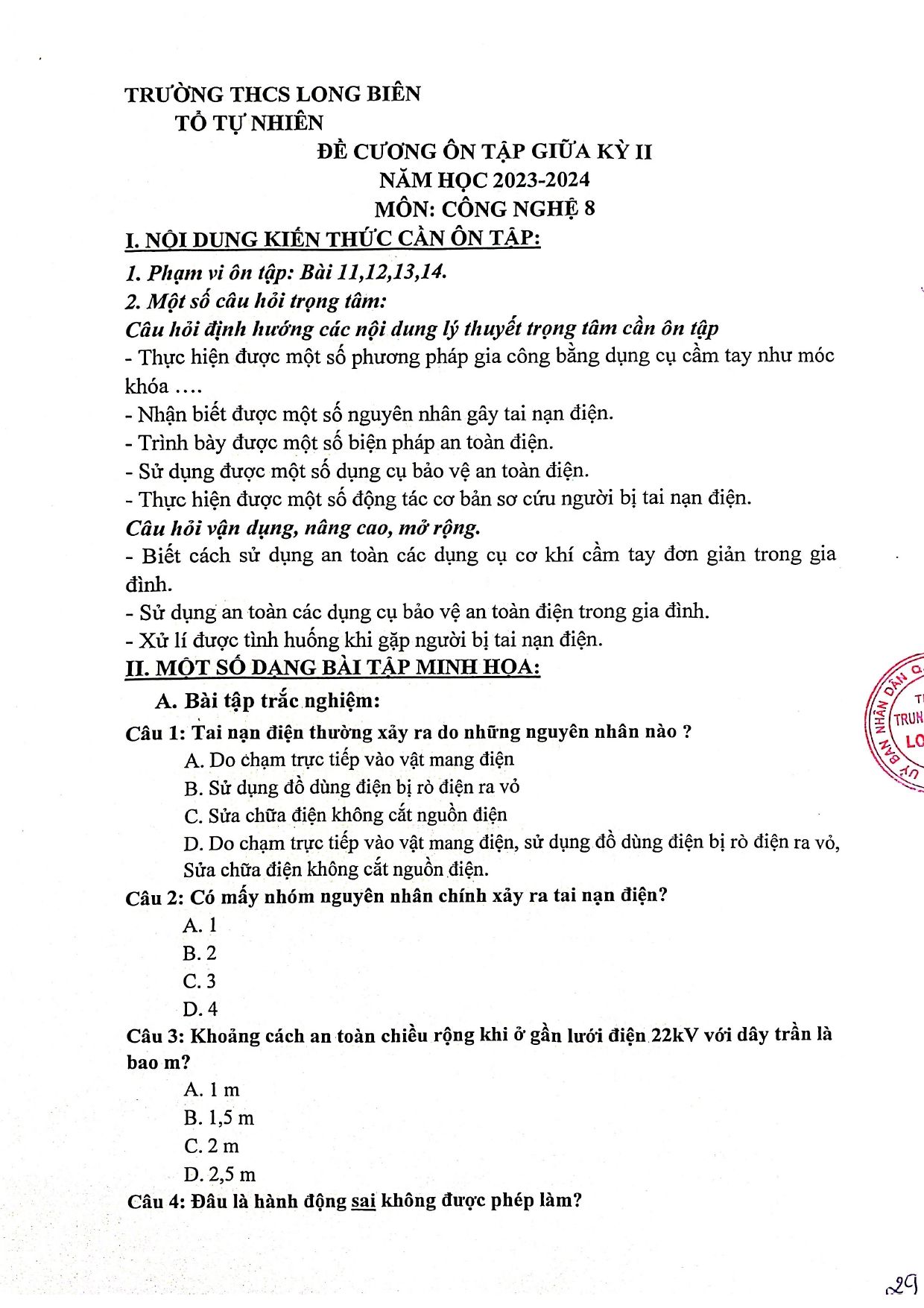 Đề cương ôn tập Giữa kì 2 Công nghệ 8 năm 2023–2024 trường THCS Long Biên (Hà Nội)