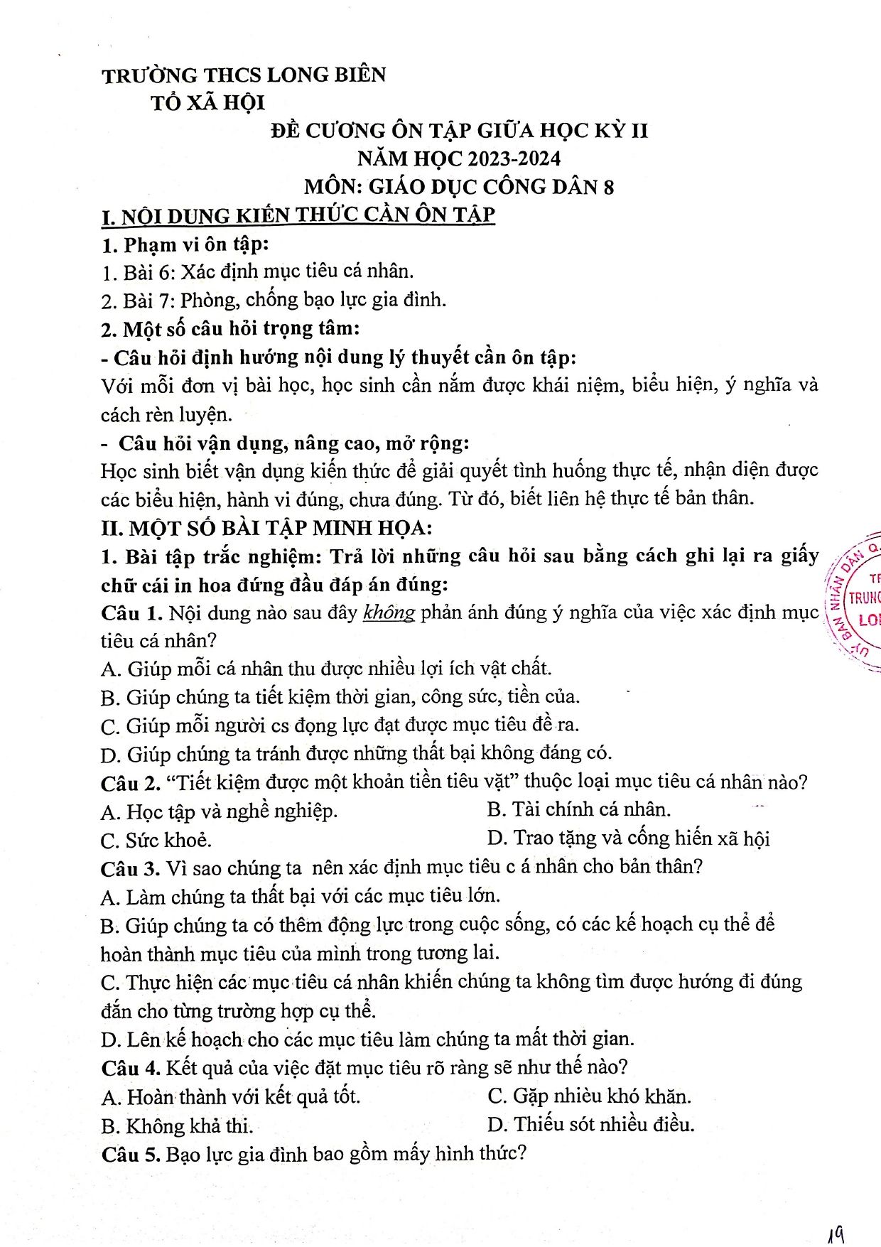 Đề cương ôn tập Giữa kì 2 GDCD 8 năm 2023–2024 trường THCS Long Biên (Hà Nội)