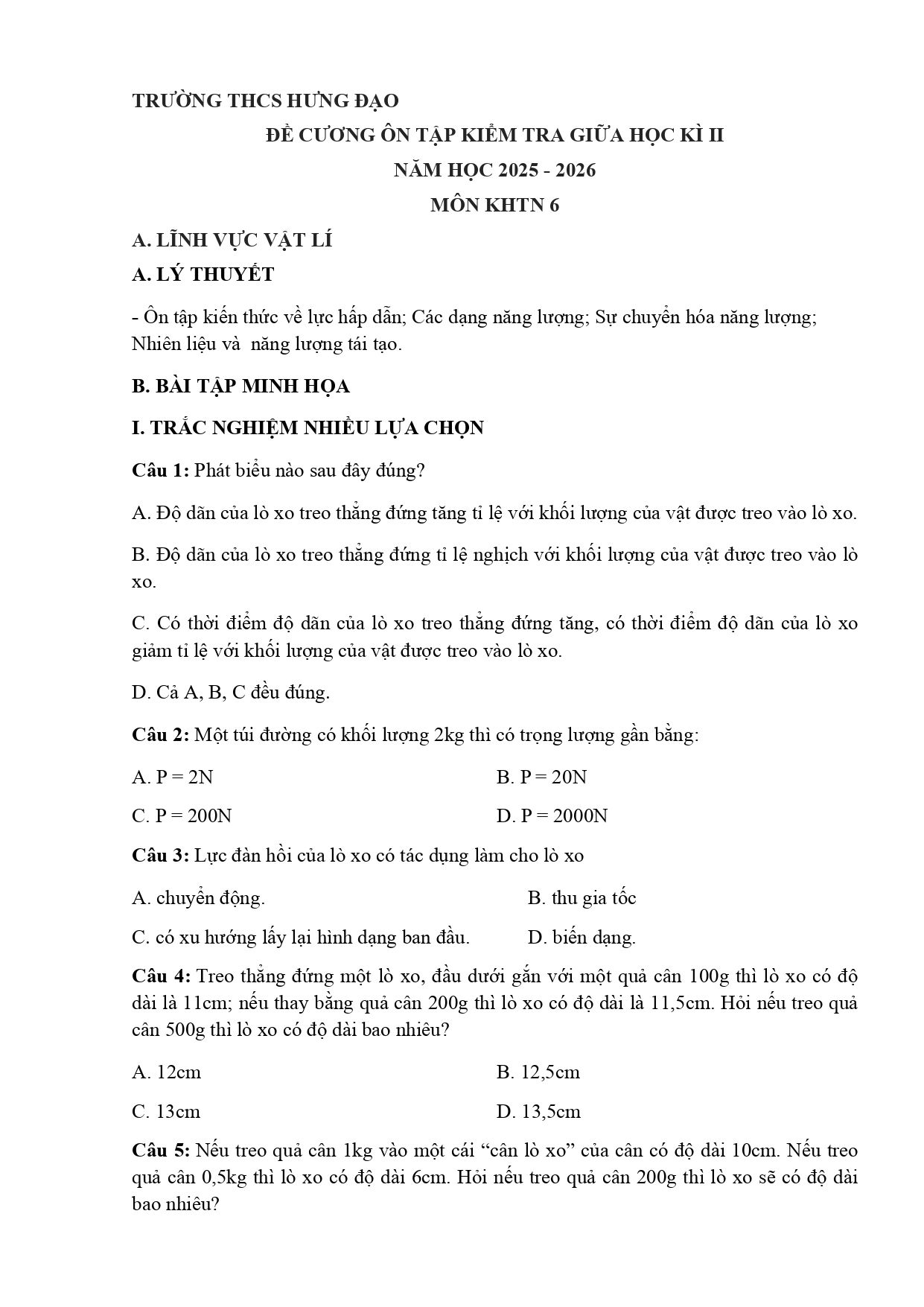 Đề cương ôn tập Giữa kì 2 KHTN 6 năm 2025–2026 trường THCS Trần Hưng Đạo (Quảng Ninh)