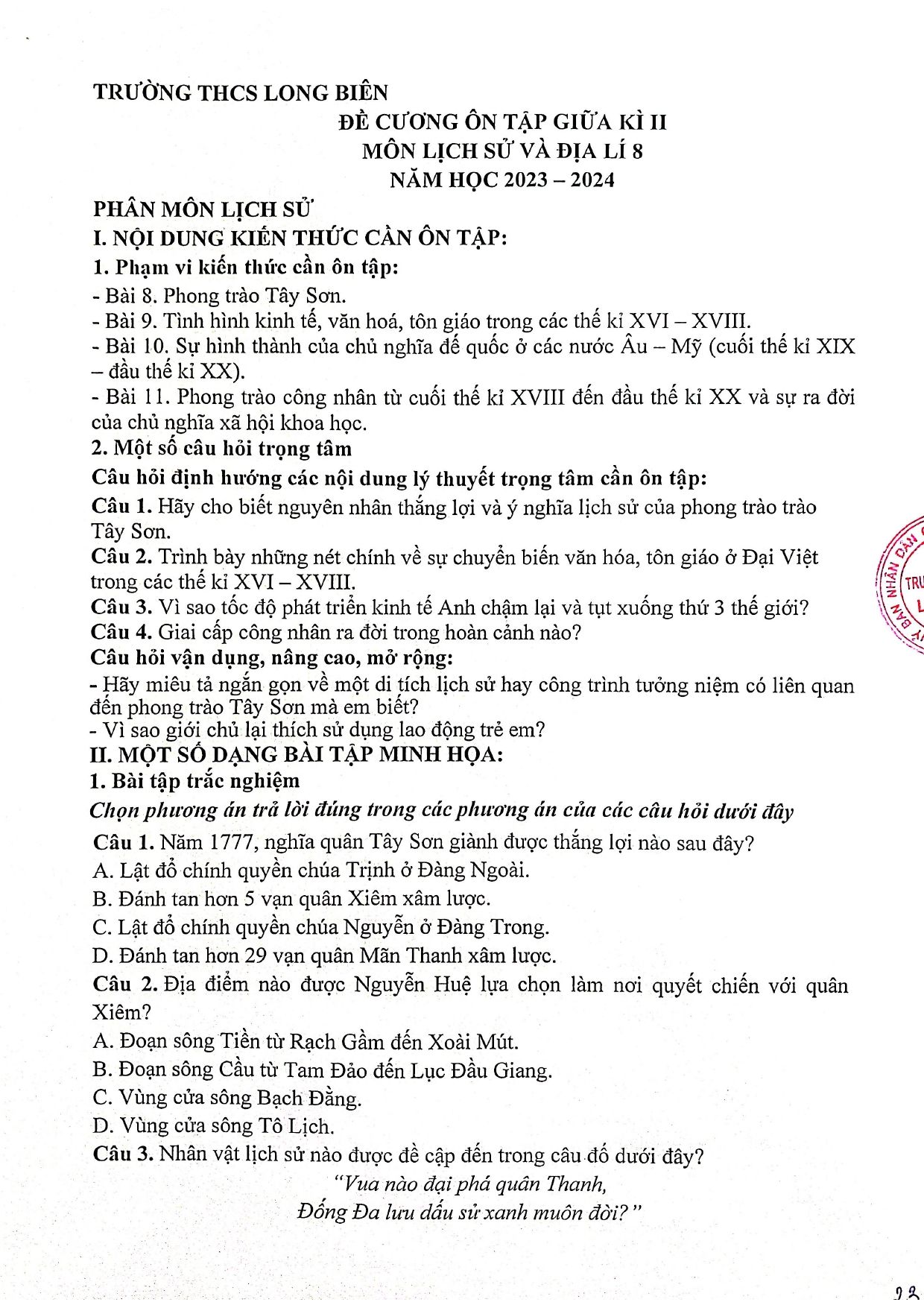Đề cương ôn tập Giữa kì 2 Lịch sử và Địa lí 8 năm 2023–2024 trường THCS Long Biên (Hà Nội)