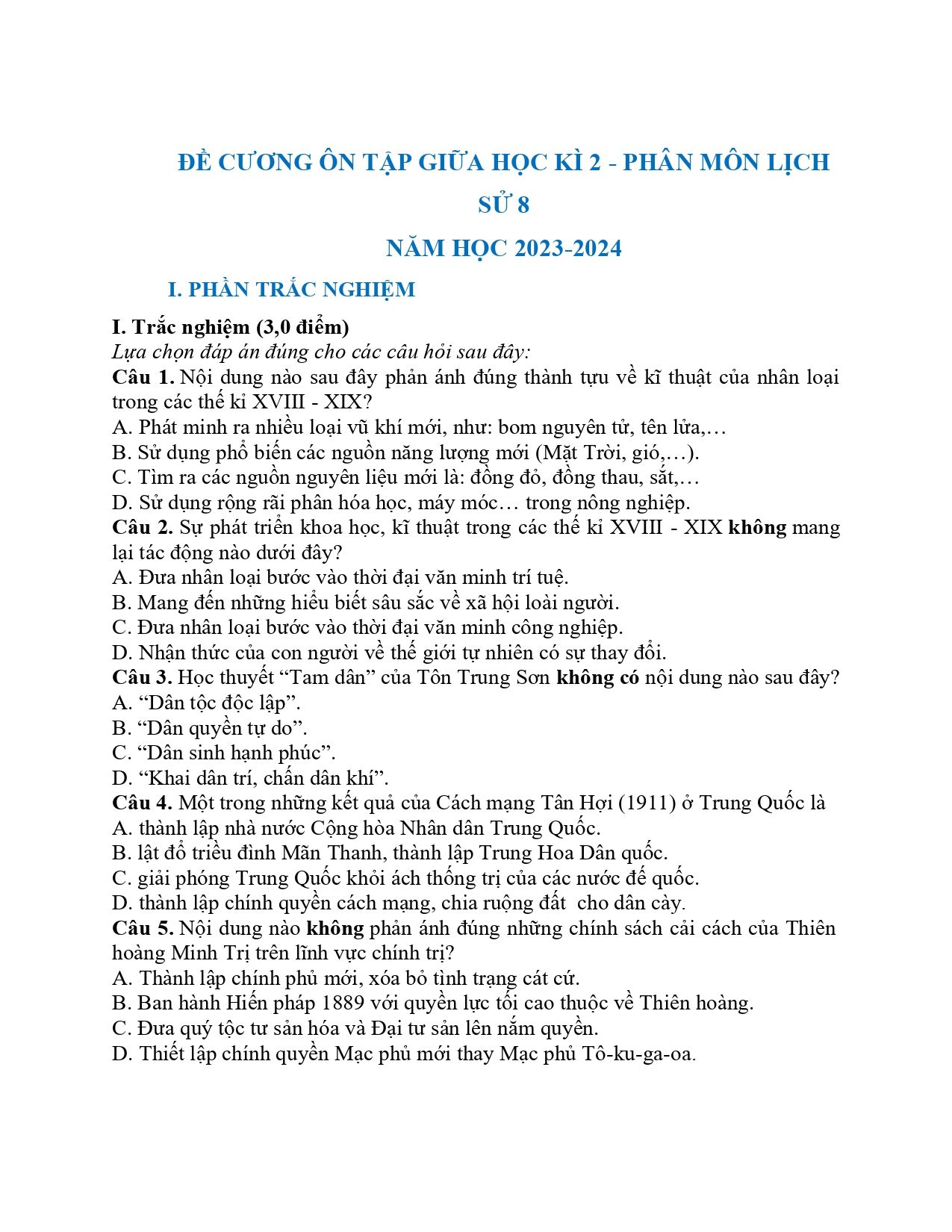 Đề cương ôn tập Giữa kì 2 Lịch sử và Địa lí 8 năm 2023–2024 trường THCS Phan Chu Trinh (Lâm Đồng) (Lịch sử)