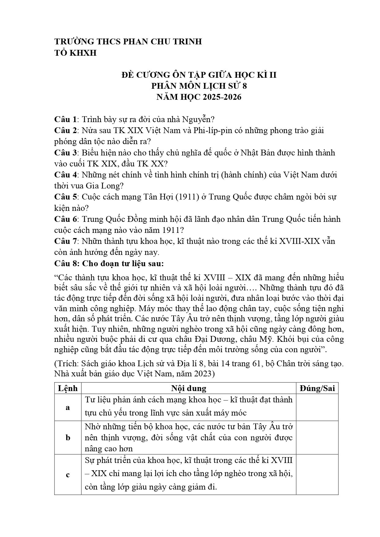 Đề cương ôn tập Giữa kì 2 Lịch sử và Địa lí 8 năm 2025–2026 trường THCS Phan Chu Trinh (Lâm Đồng) (Lịch sử)