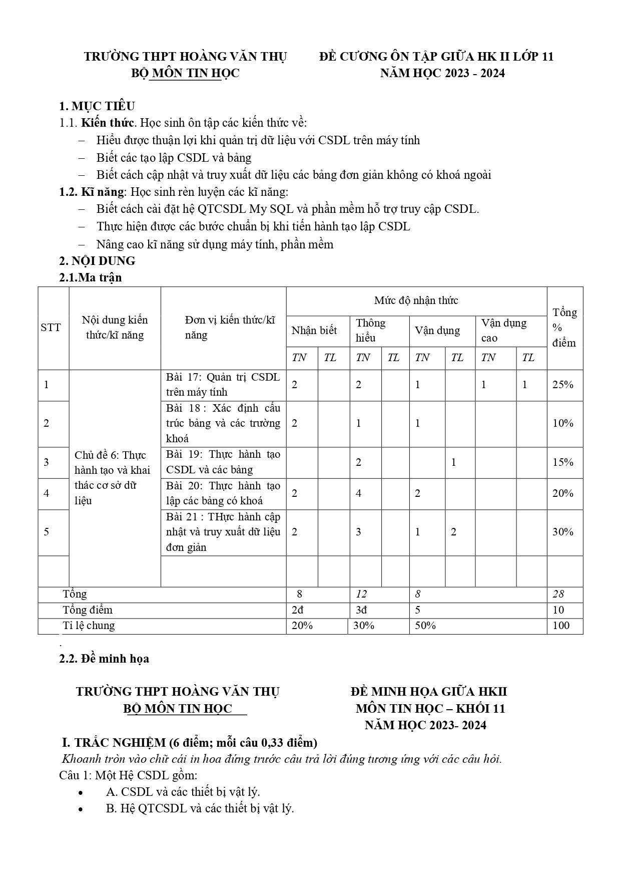Đề cương ôn tập Giữa kì 2 Tin học 11 năm 2023–2024 trường THPT Hoàng Văn Thụ (Hà Nội)
