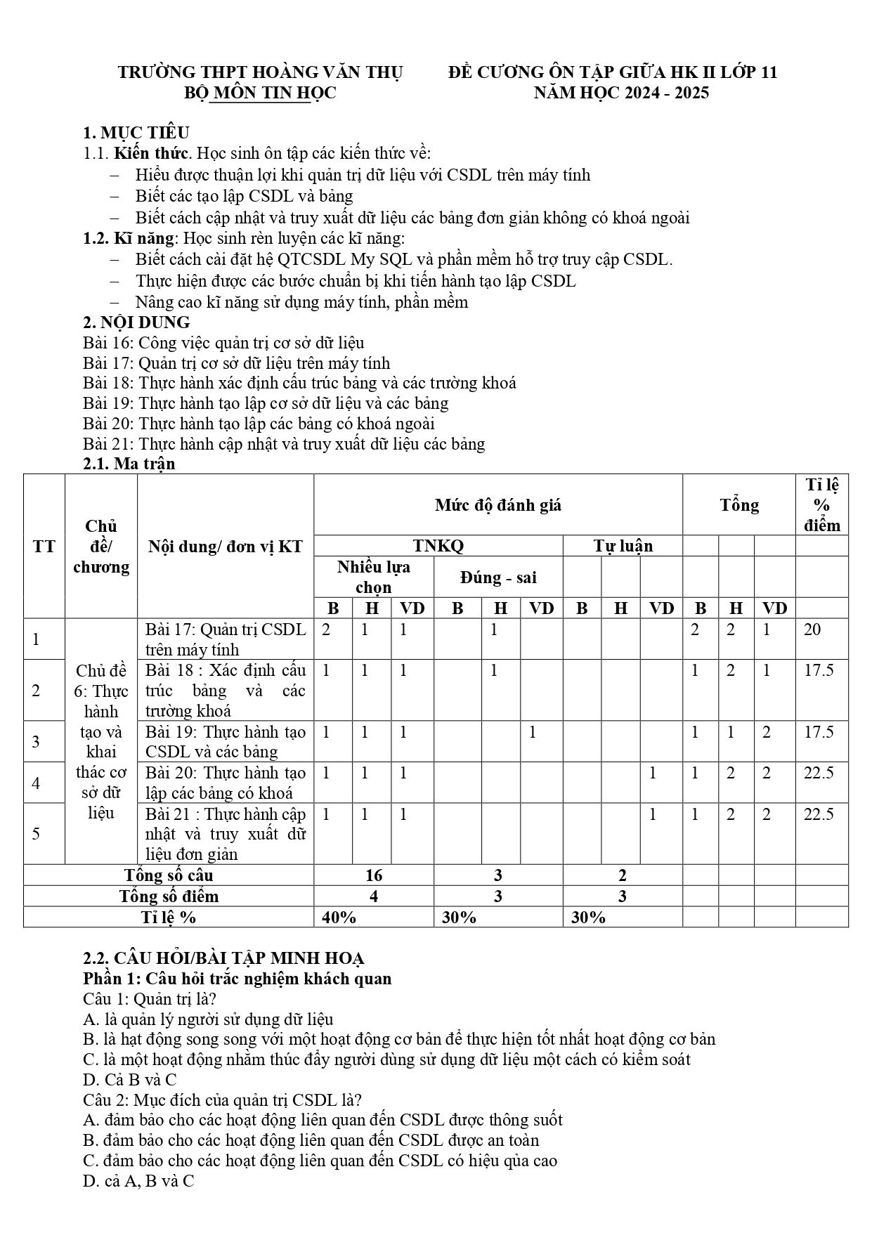 Đề cương ôn tập Giữa kì 2 Tin học 11 năm 2024–2025 trường THPT Hoàng Văn Thụ (Hà Nội)