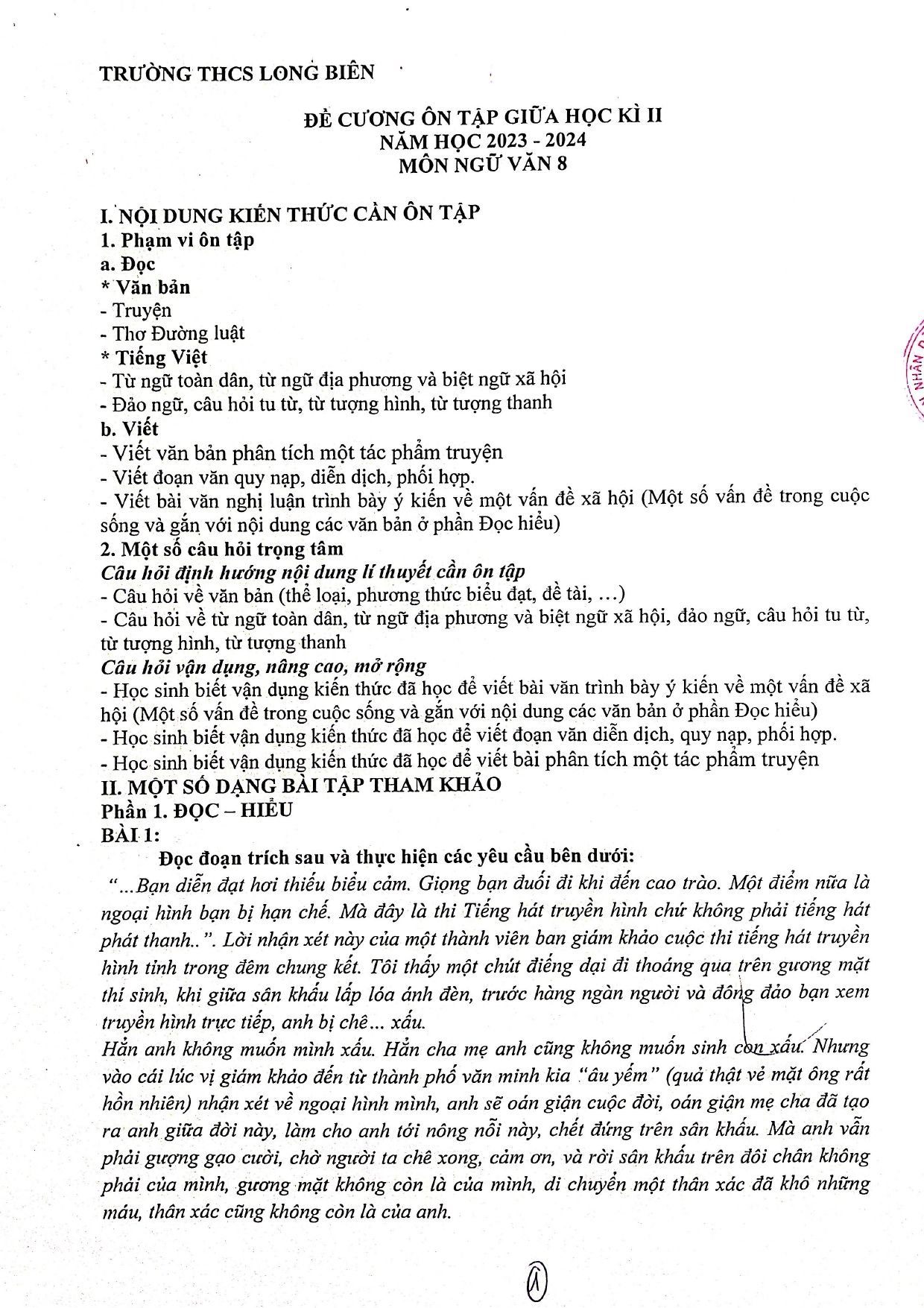 Đề cương ôn tập Giữa kì 2 Ngữ văn 8 năm 2023–2024 trường THCS Long Biên (Hà Nội)