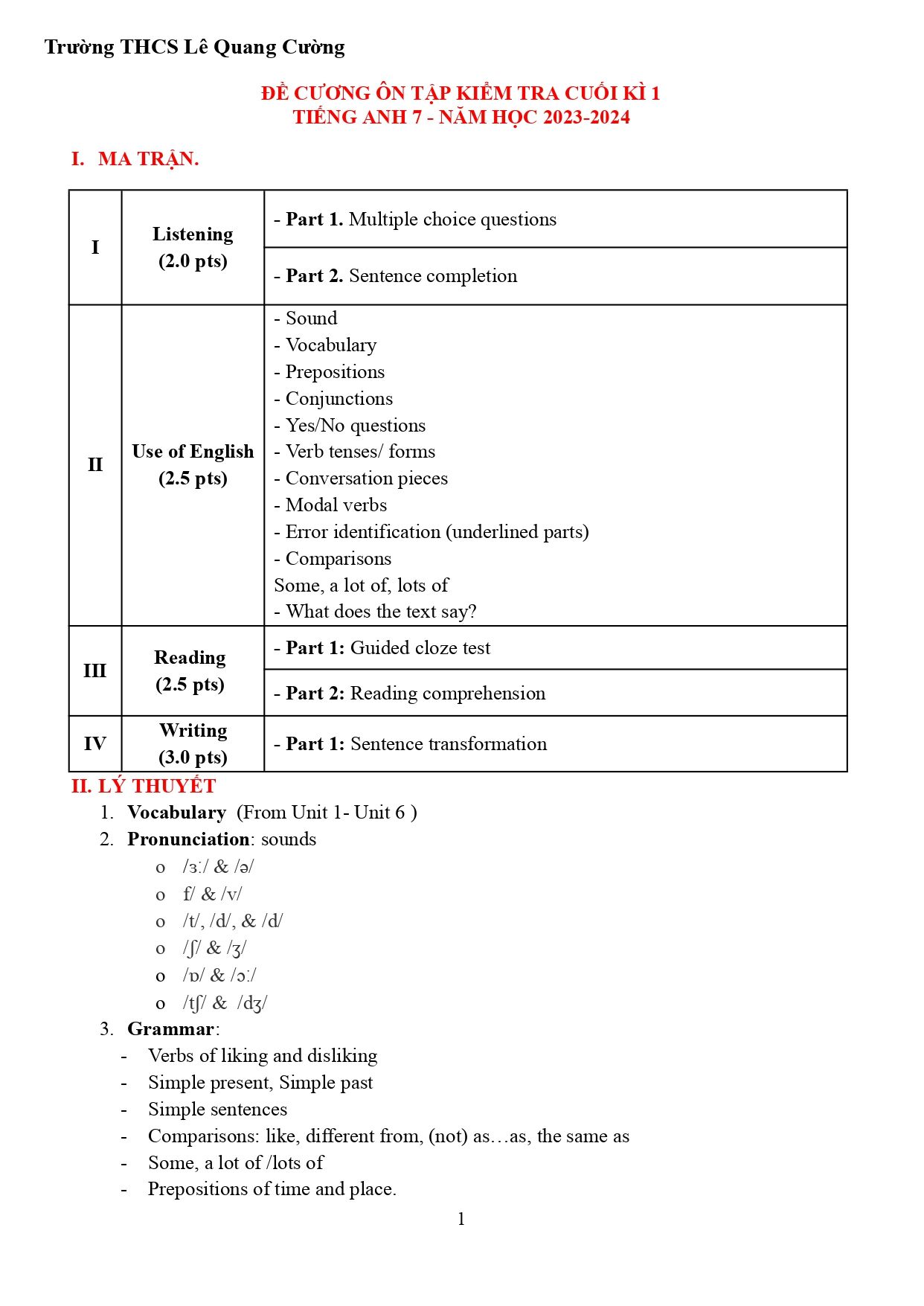 Đề cương ôn tập Học kì 1 Tiếng Anh 7 năm 2023–2024 trường THCS Lê Quang Cường (Bà Rịa - Vũng Tàu)
