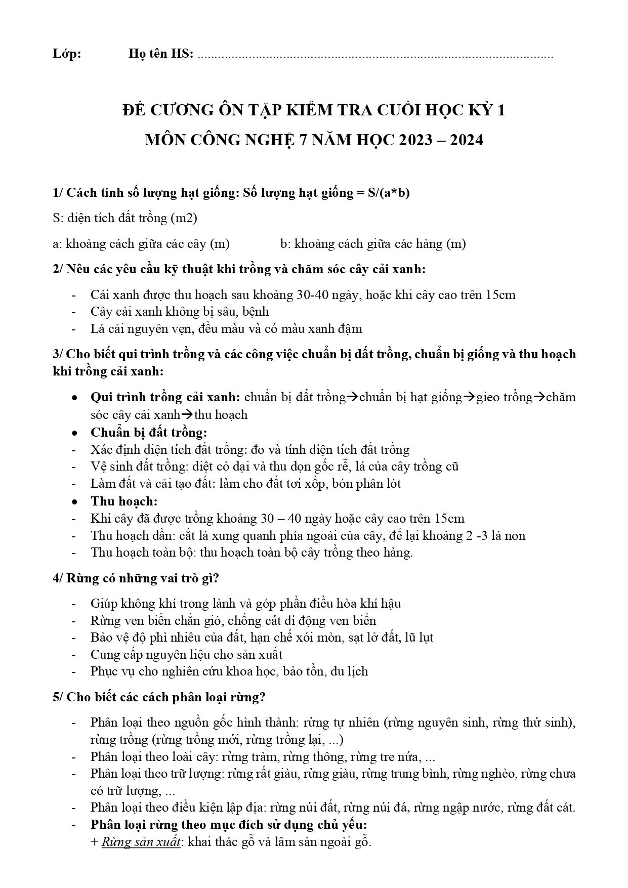 Đề cương ôn tập Học kì 1 Công nghệ 7 năm 2023–2024 trường THCS Trần Văn Ơn (TP Hồ Chí Minh)