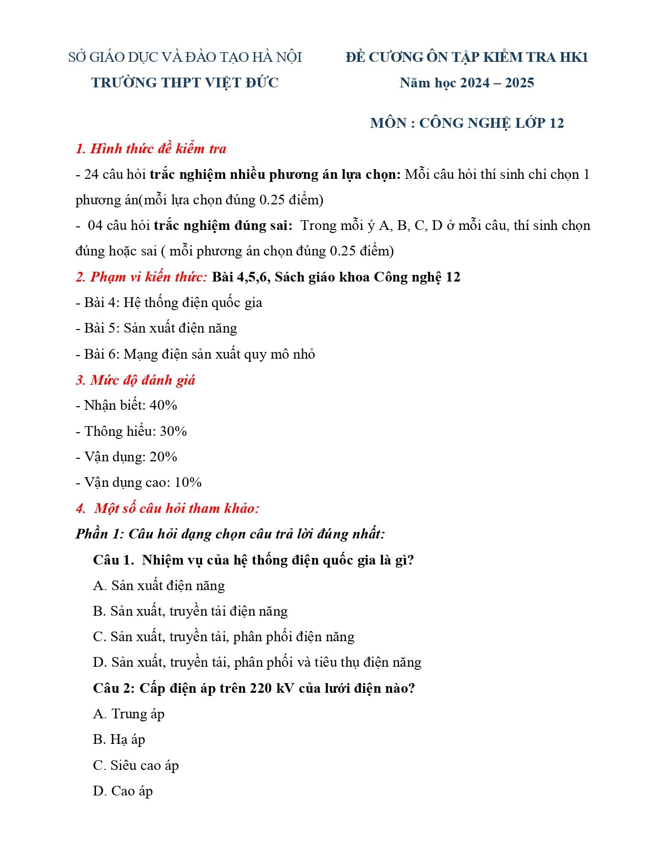 Đề cương ôn tập Học kì 1 Công nghệ Công nghiệp 12 năm 2024–2025 trường THPT Việt Đức (Hà Nội)