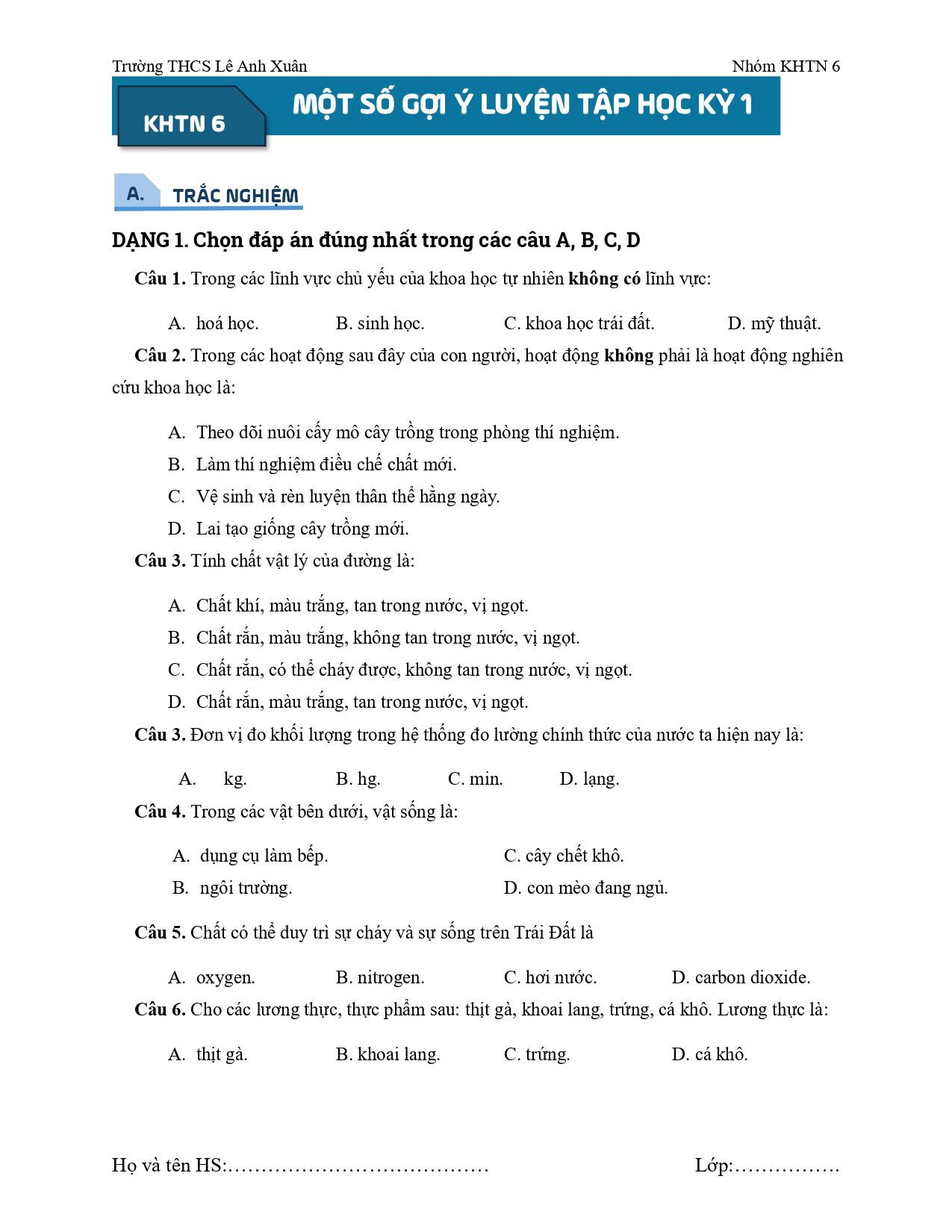 Đề cương ôn tập Học kì 1 KHTN 6 năm 2024–2025 trường THCS Lê Anh Xuân (TP Hồ Chí Minh)