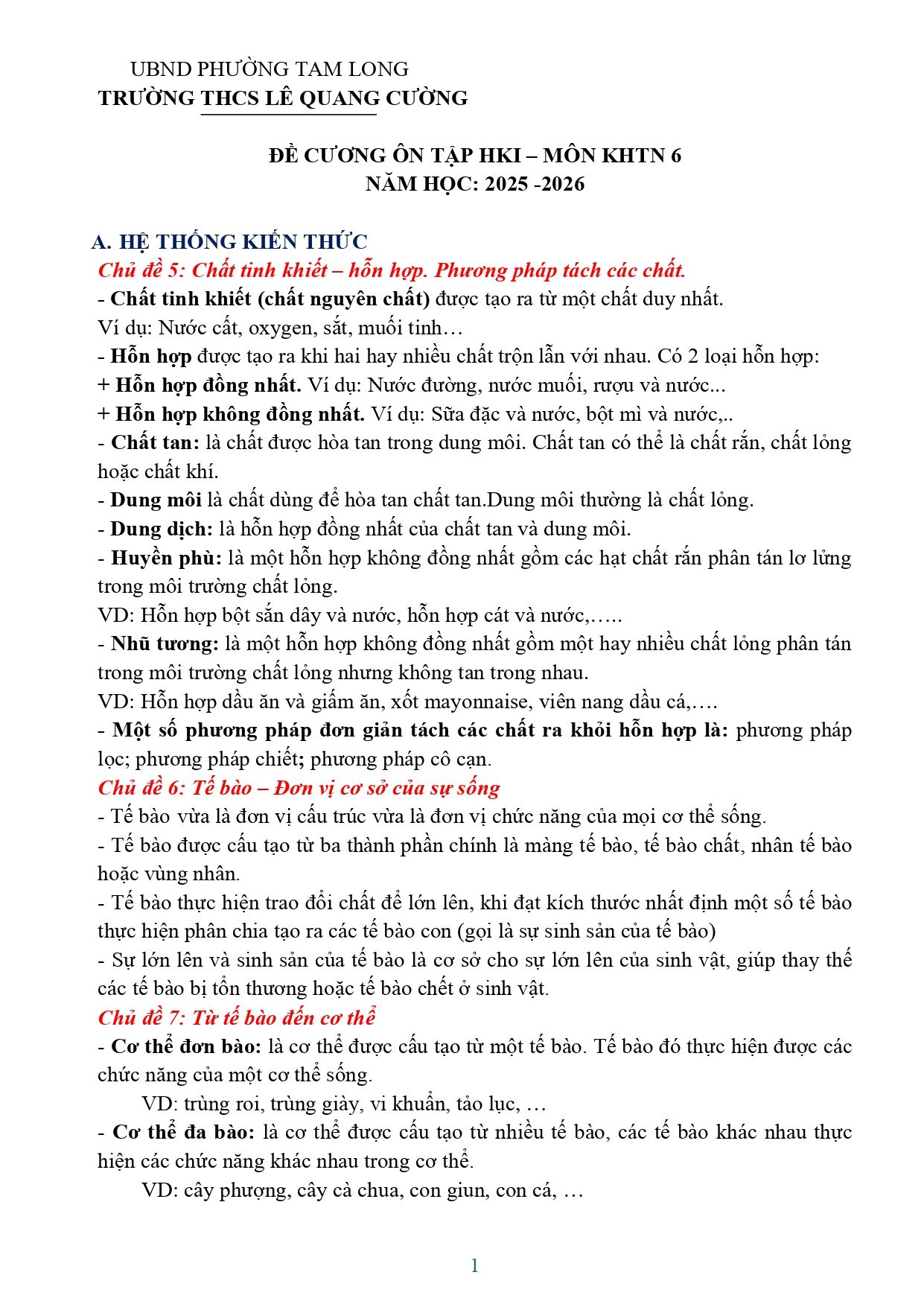 Đề cương ôn tập Học kì 1 KHTN 6 năm 2025–2026 trường THCS Lê Quang Cường (Bà Rịa - Vũng Tàu)