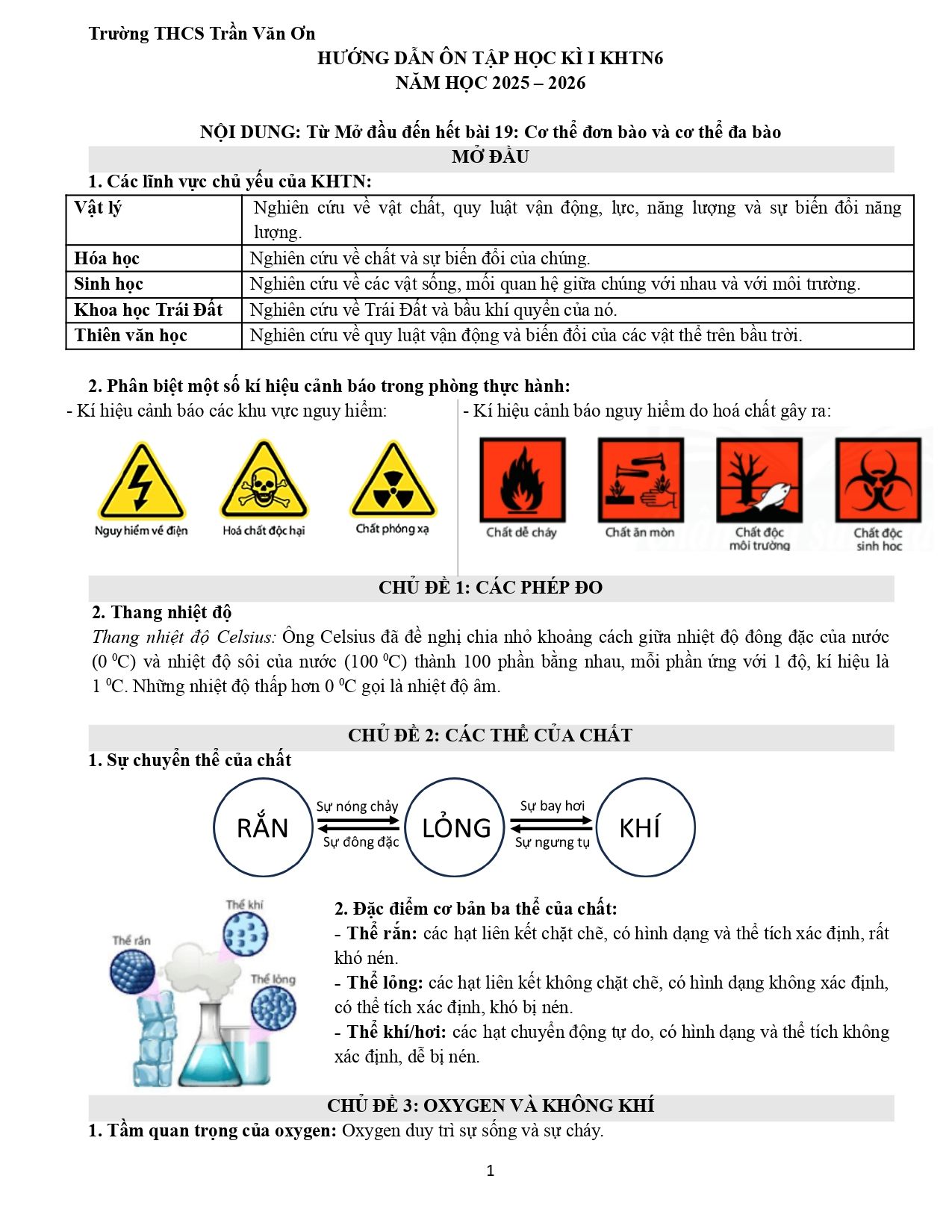 Đề cương ôn tập Học kì 1 KHTN 6 năm 2025–2026 trường THCS Trần Văn Ơn (TP Hồ Chí Minh)
