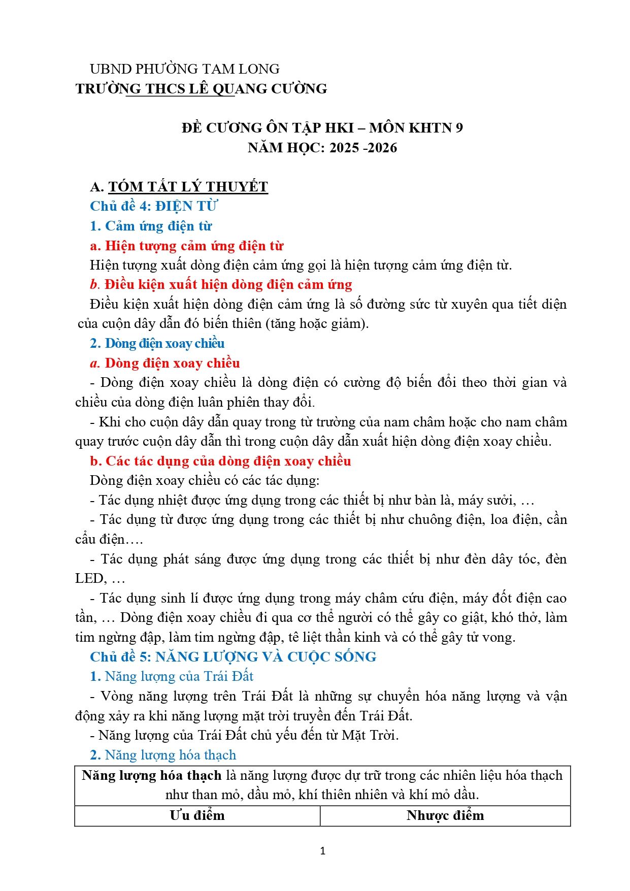 Đề cương ôn tập Học kì 1 KHTN 9 năm 2025–2026 trường THCS Lê Quang Cường (Bà Rịa - Vũng Tàu)