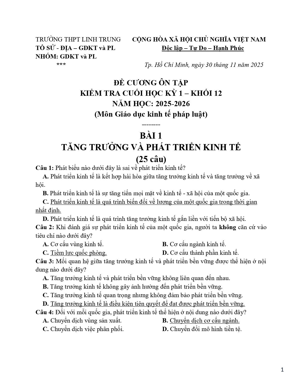 Đề cương ôn tập Học kì 1 KTPL 12 năm 2025–2026 trường THPT Linh Trung (TP Hồ Chí Minh)