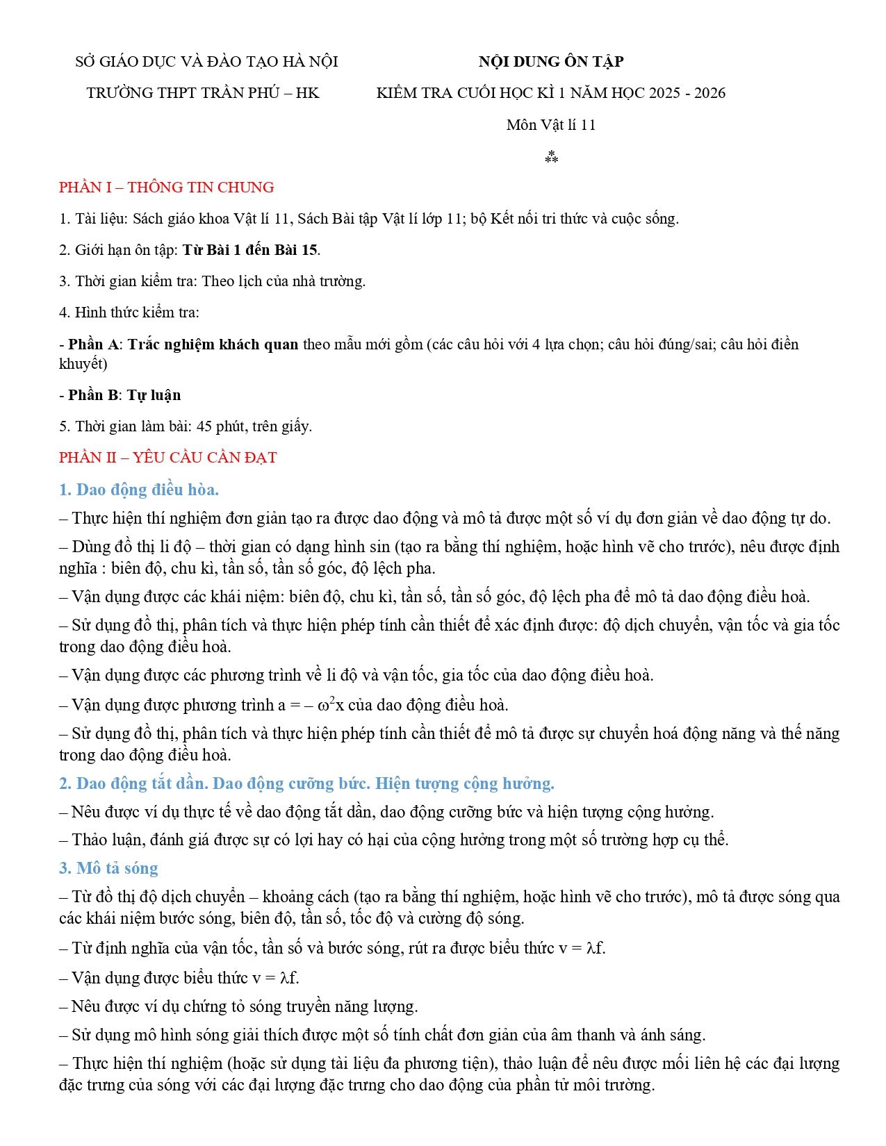 Đề cương ôn tập Học kì 1 Vật lí 11 năm 2025–2026 trường THPT Trần Phú (Hà Nội)