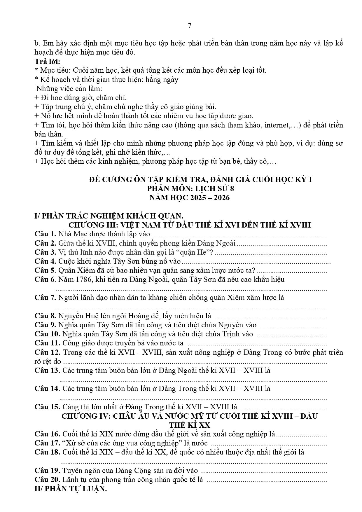 Đề cương ôn tập Học kì 1 Lịch sử và Địa lí 8 năm 2025–2026 trường THCS Quang Trung (Đà Lạt)