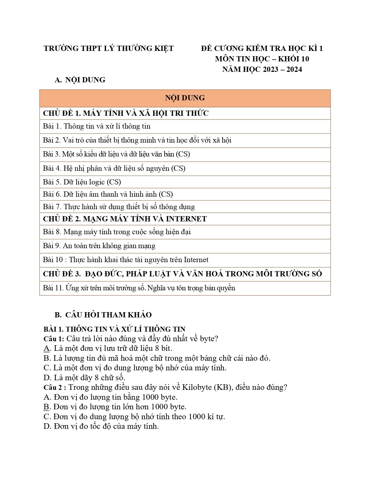 Đề cương ôn tập Học kì 1 Tin học 10 năm 2023–2024 trường THPT Lý Thường Kiệt (TP Hồ Chí Minh)