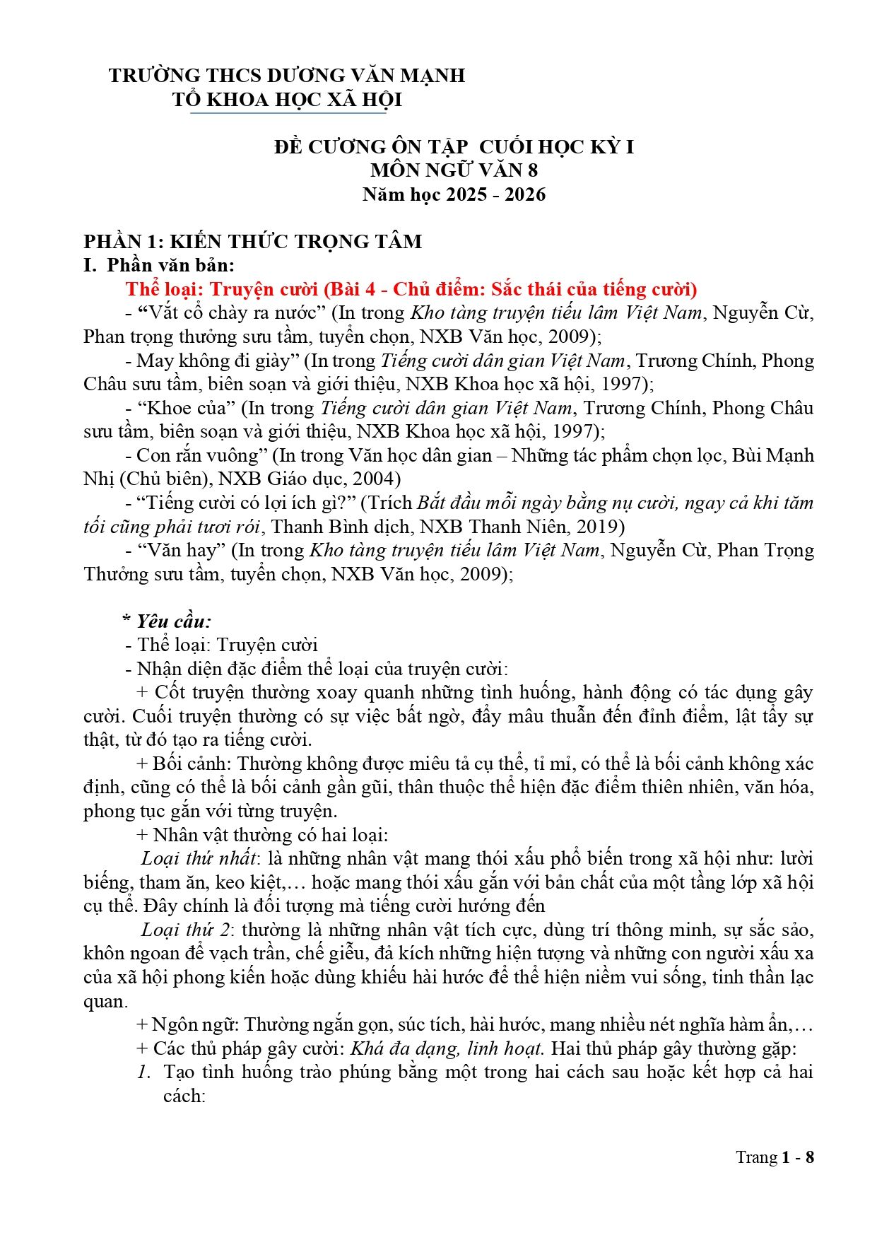 Đề cương ôn tập Học kì 1 Ngữ văn 8 năm 2025–2026 trường THCS Dương Văn Mạnh (Bà Rịa - Vũng Tàu)