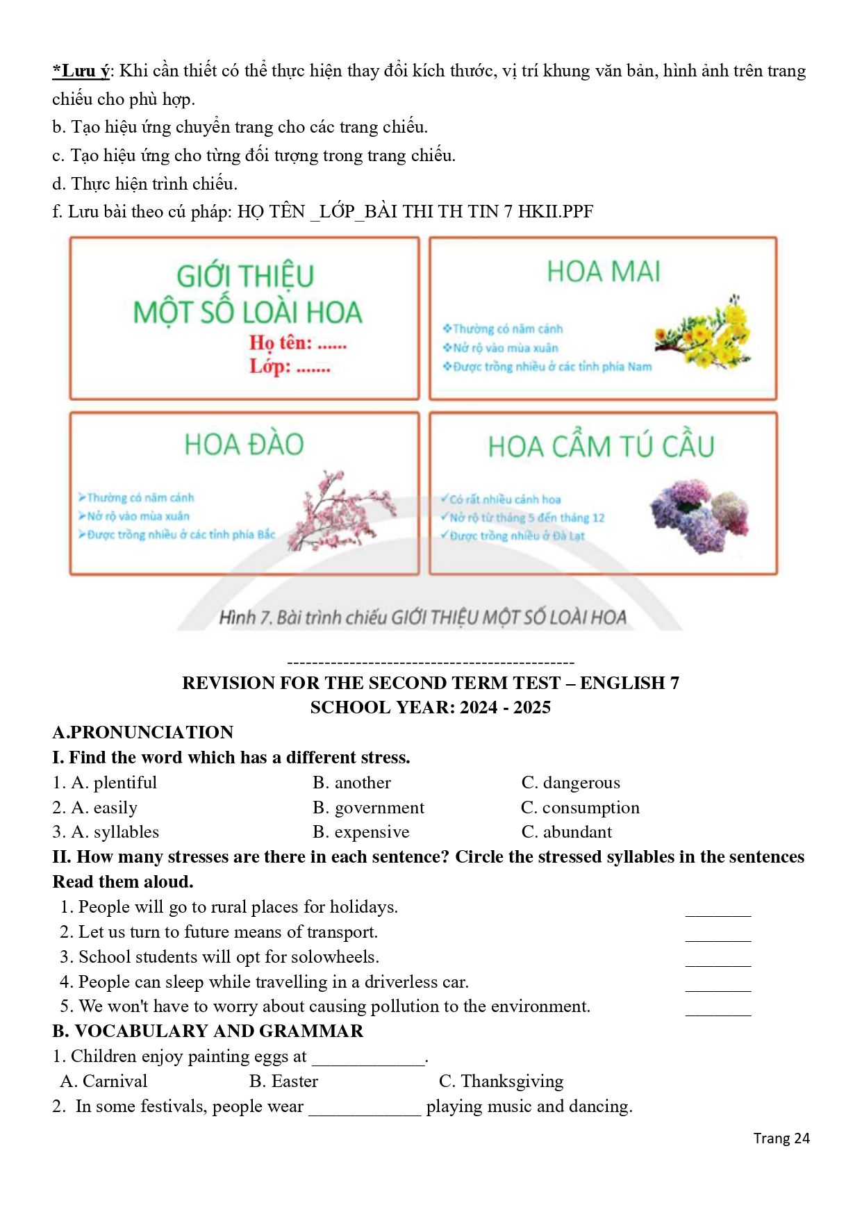 Đề cương ôn tập Học kì 2 Tiếng Anh 7 năm 2024–2025 trường THCS Lê Lợi (Lâm Đồng)