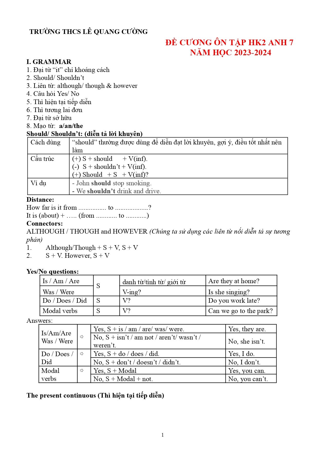 Đề cương ôn tập Học kì 2 Tiếng Anh 7 năm 2023–2024 trường THCS Lê Quang Cường (Bà Rịa - Vũng Tàu)