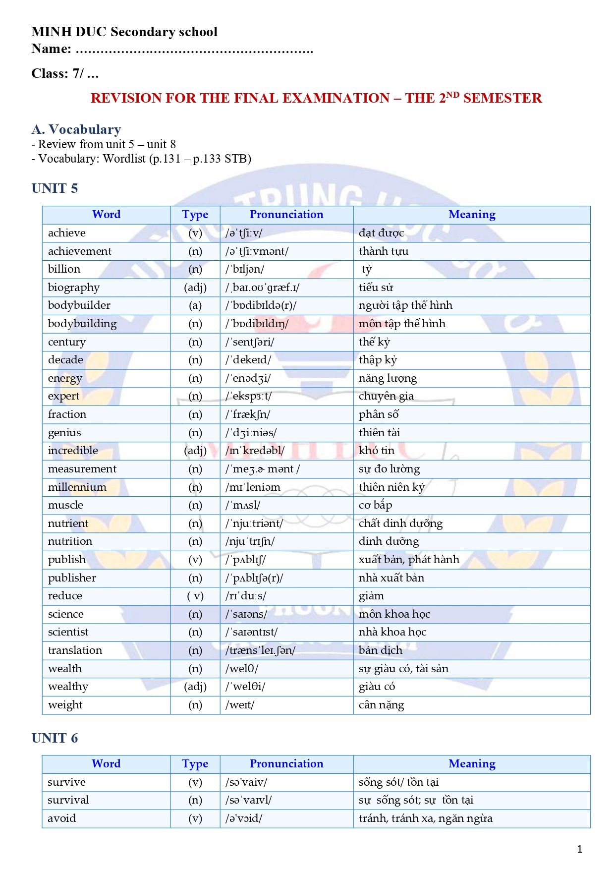 Đề cương ôn tập Học kì 2 Tiếng Anh 7 năm 2025–2026 trường THCS Minh Đức (TP Hồ Chí Minh)