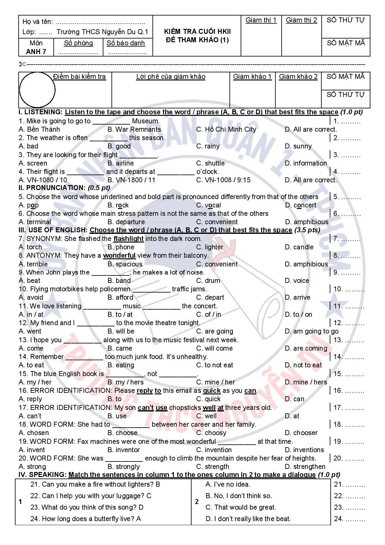 Đề cương ôn tập Học kì 2 Tiếng Anh 7 năm 2024–2025 trường THCS Nguyễn Du (TP Hồ Chí Minh)