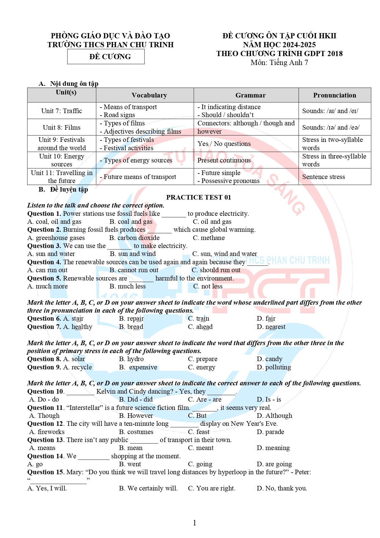 Đề cương ôn tập Học kì 2 Tiếng Anh 7 năm 2024–2025 trường THCS Phan Chu Trinh (Hà Nội)