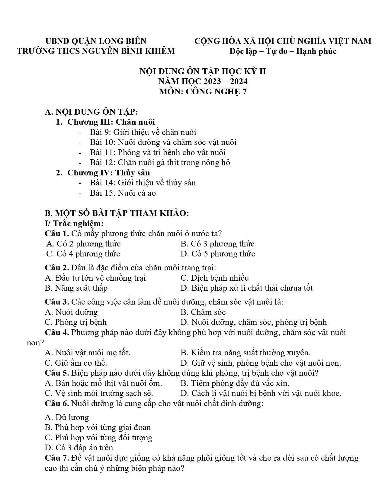 Đề cương ôn tập Học kì 2 Công nghệ 7 năm 2023–2024 trường THCS Nguyễn Bỉnh Khiêm (Hà Nội)