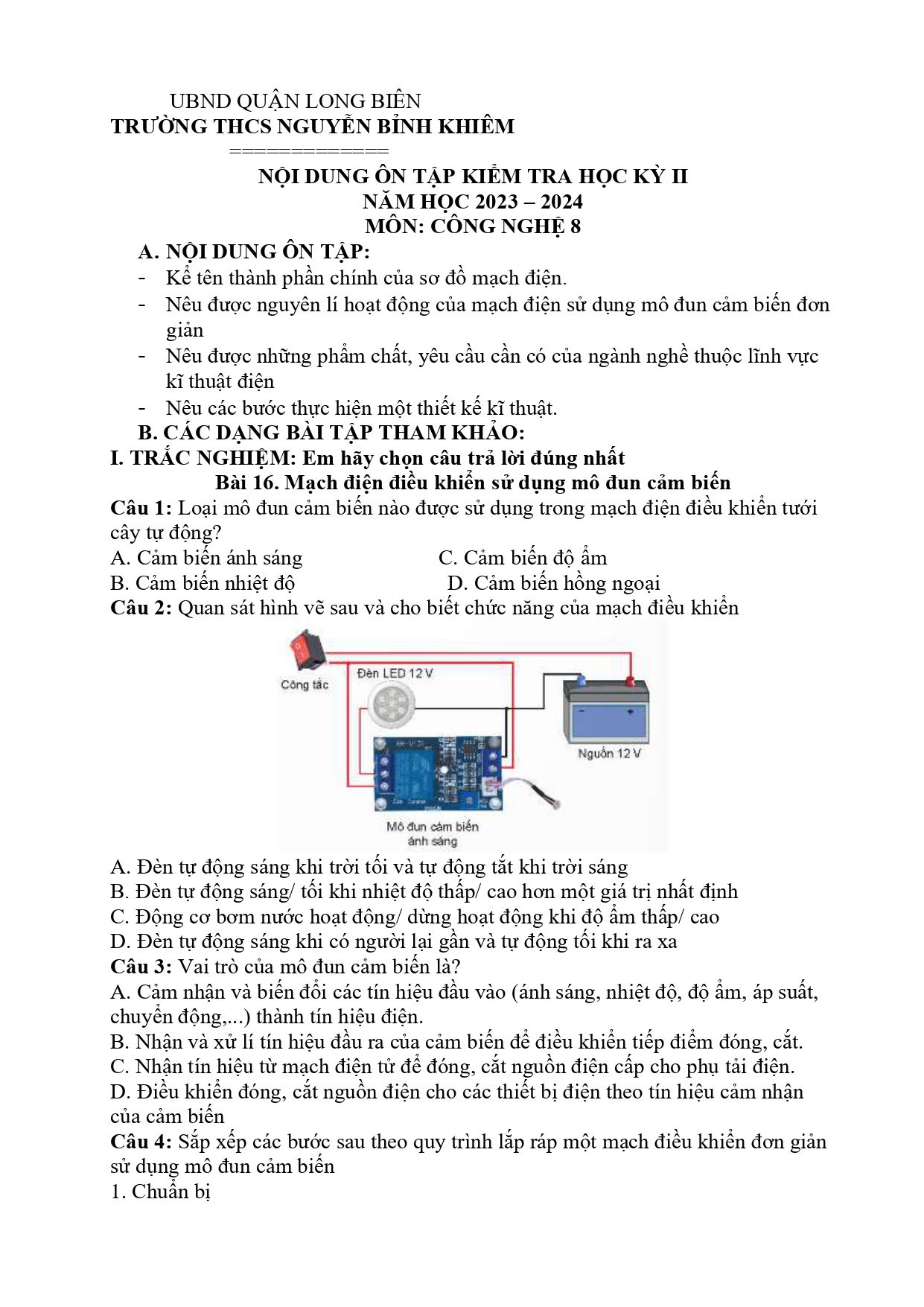 Đề cương ôn tập Học kì 2 Công nghệ 8 năm 2023–2024 trường THCS Nguyễn Bỉnh Khiêm (Hà Nội)