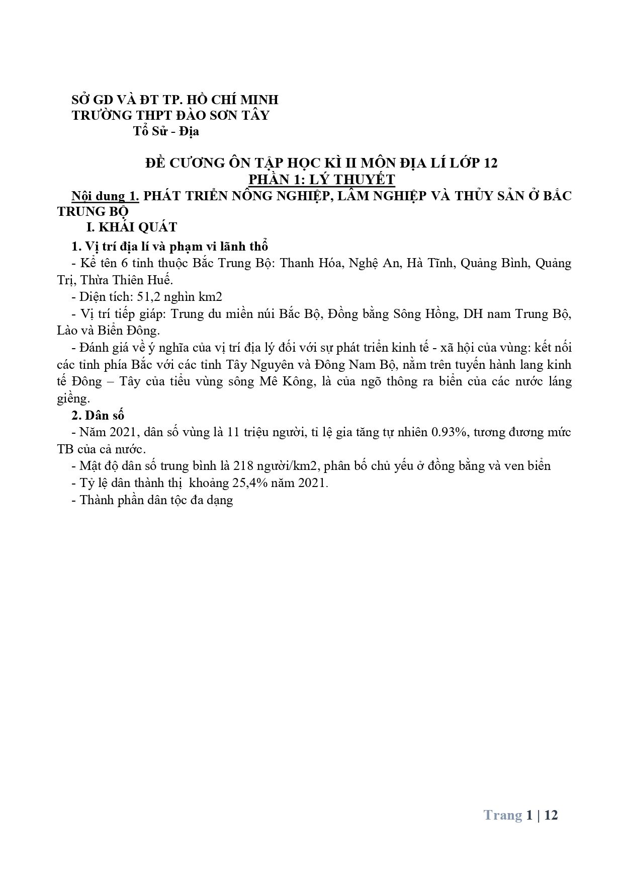 Đề cương ôn tập Học kì 2 Địa lí 12 năm 2024-2025 trường THPT Đào Sơn Tây (TP Hồ Chí Minh)