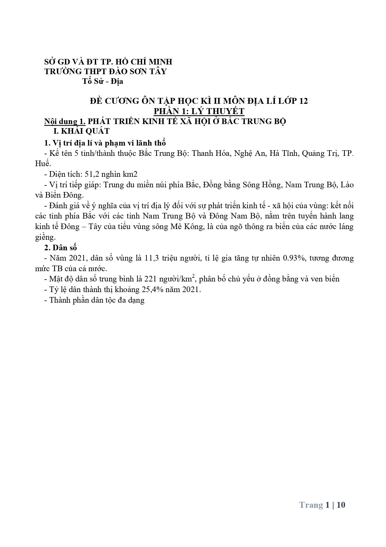 Đề cương ôn tập Học kì 2 Địa lí 12 năm 2025-2026 trường THPT Đào Sơn Tây (TP Hồ Chí Minh)