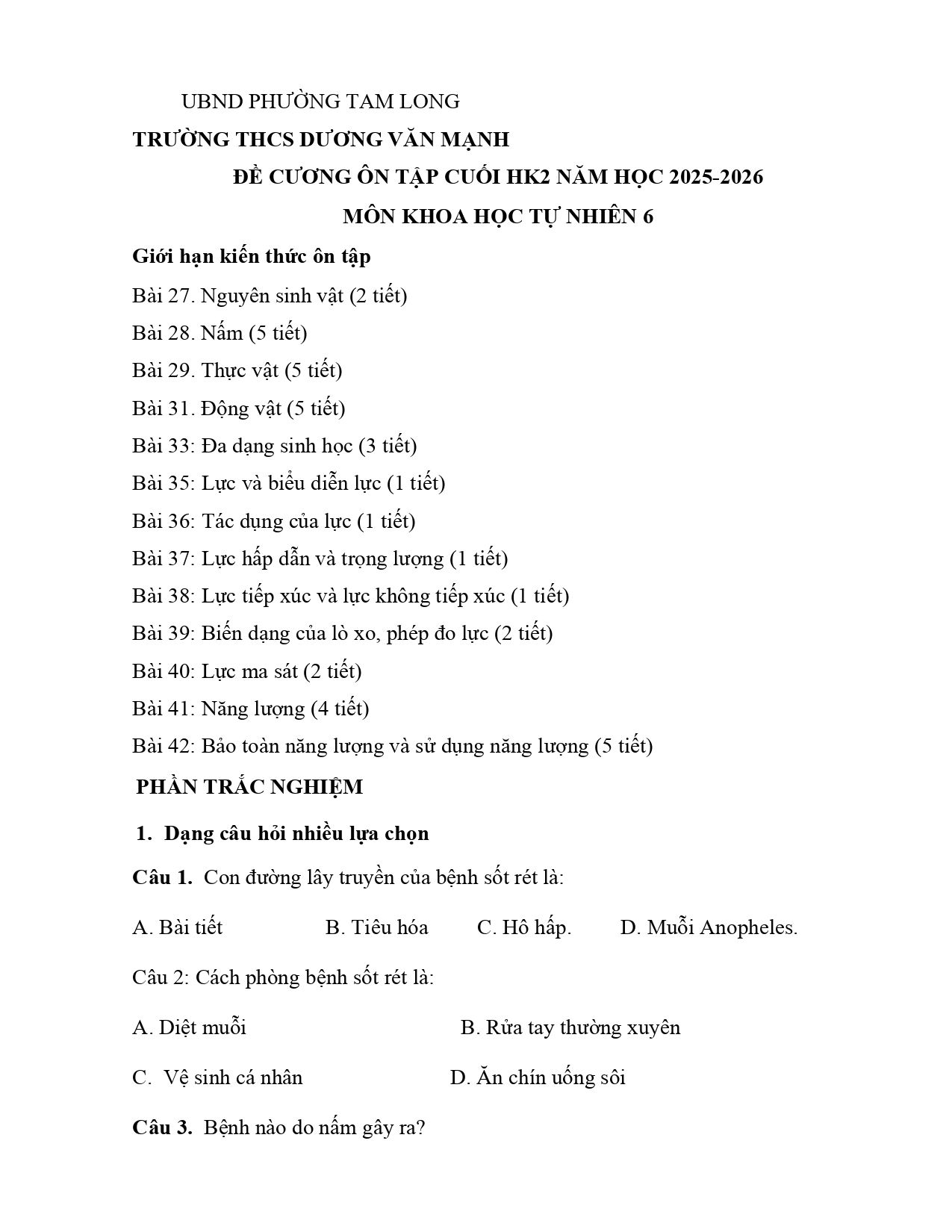 Đề cương ôn tập Học kì 2 KHTN 6 năm 2025–2026 trường THCS Dương Văn Mạnh (Bà Rịa - Vũng Tàu)