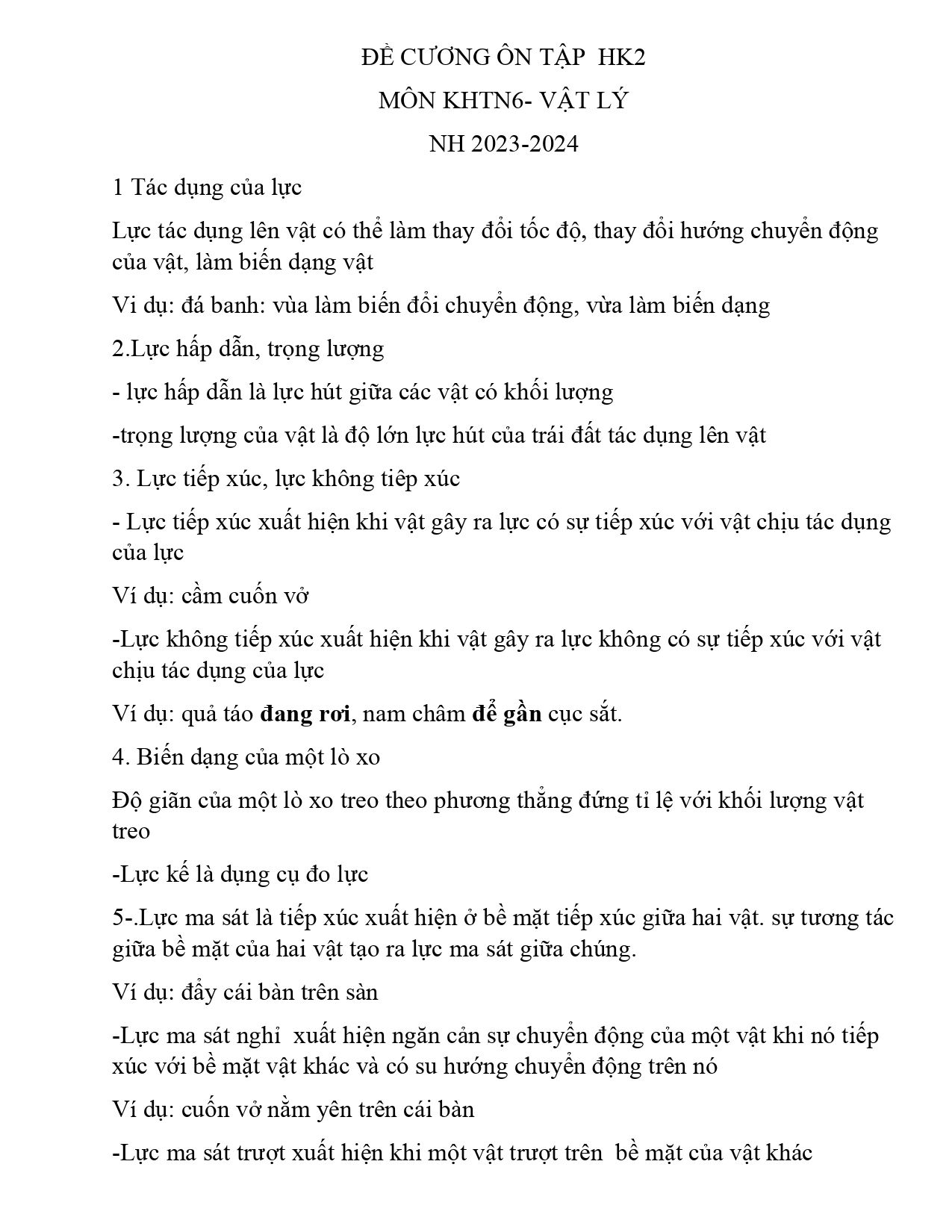 Đề cương ôn tập Học kì 2 KHTN 6 năm 2023–2024 trường THCS Phan Chu Trinh (Lâm Đồng)