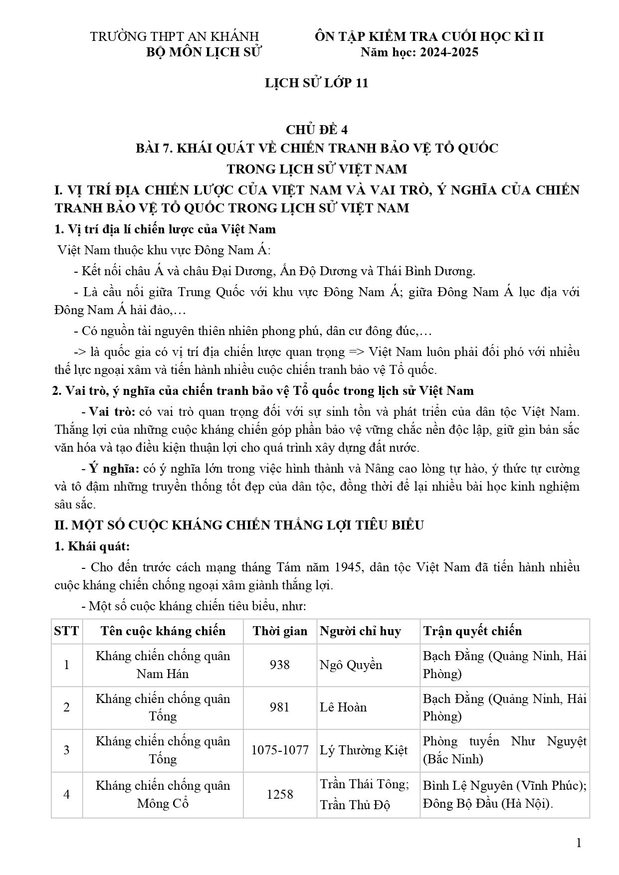 Đề cương ôn tập Học kì 2 Lịch sử 11 năm 2024–2025 trường THPT An Khánh (Cần Thơ)