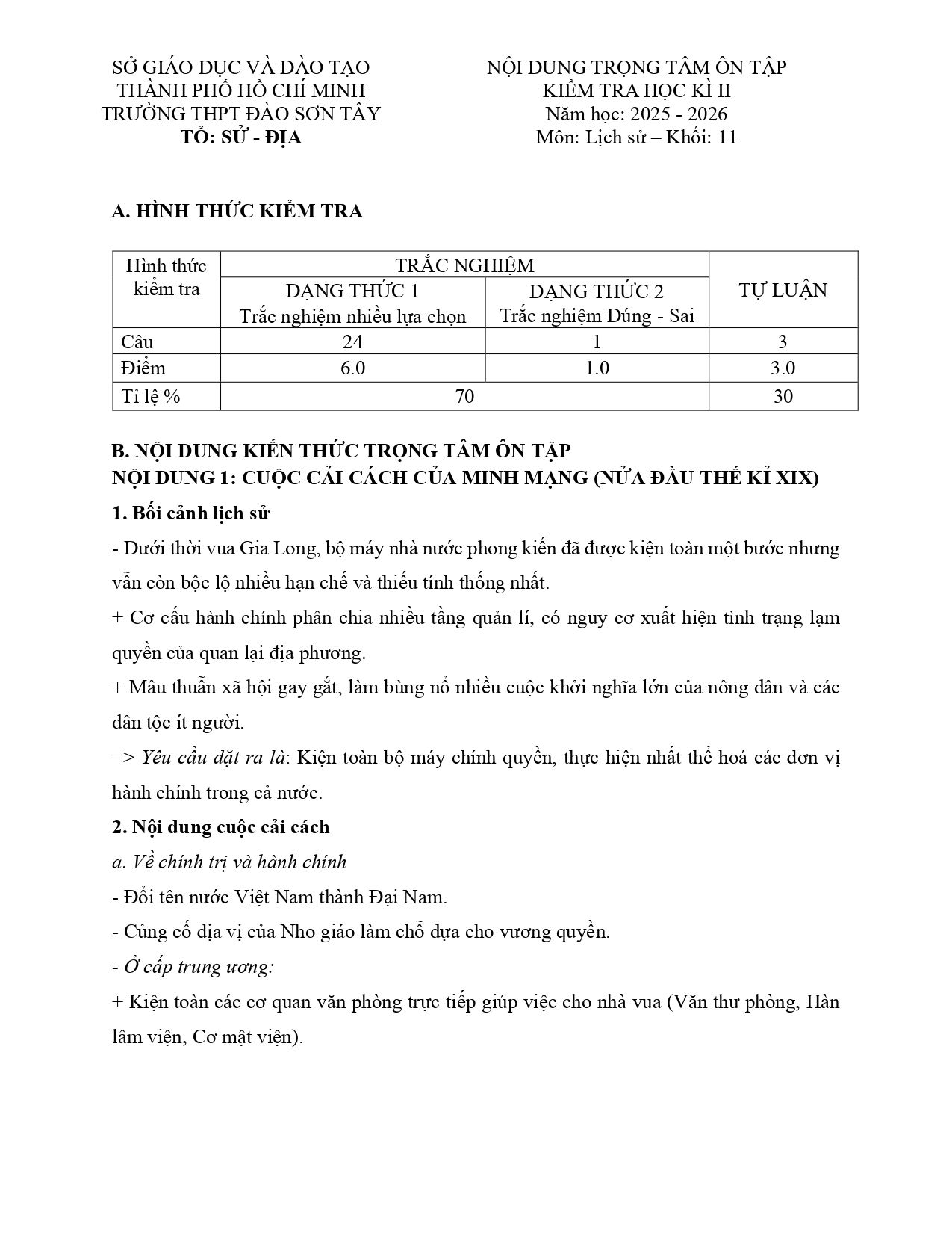 Đề cương ôn tập Học kì 2 Lịch sử 11 năm 2025–2026 trường THPT Đào Sơn Tây (TP Hồ Chí Minh)