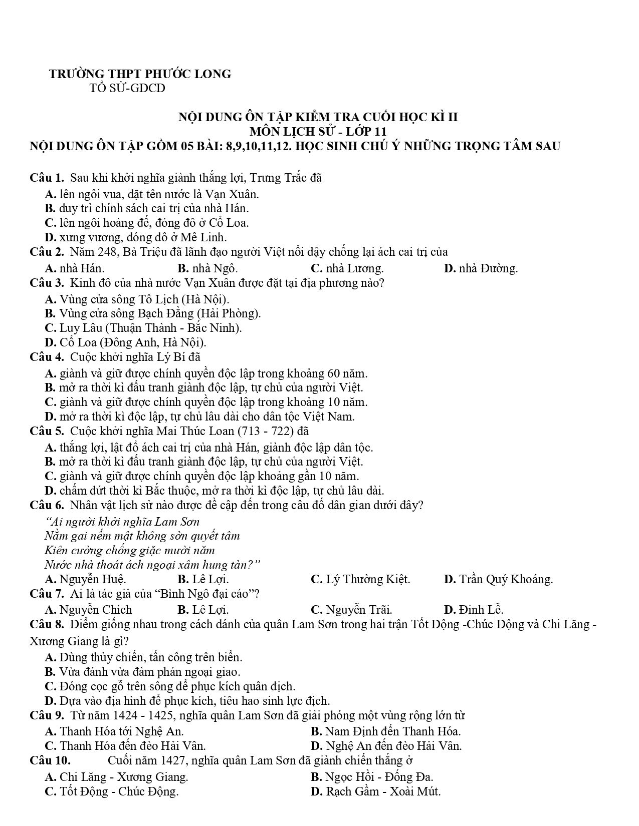 Đề cương ôn tập Học kì 2 Lịch sử 11 năm 2023–2024 trường THPT Phước Long (TP Hồ Chí Minh)
